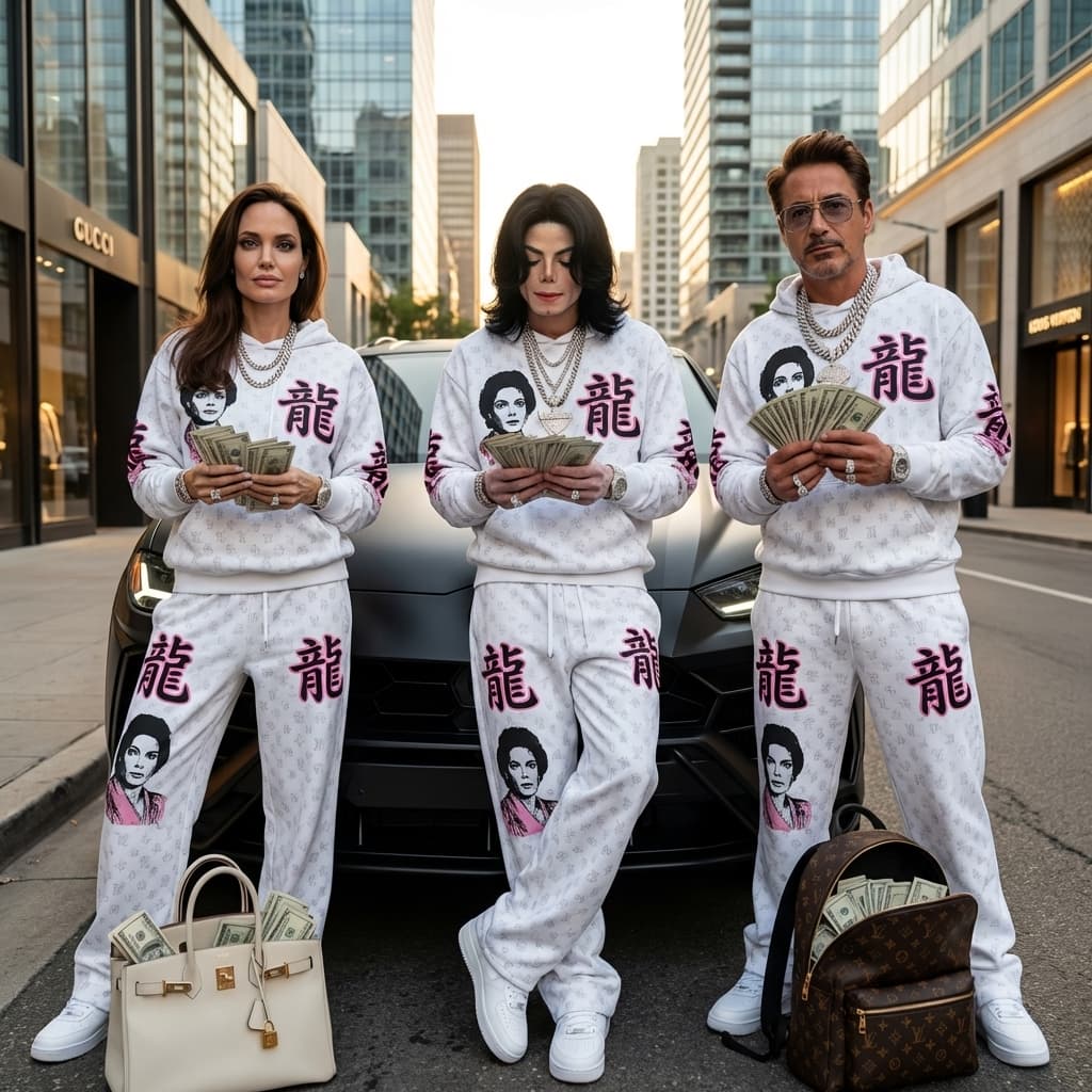 Generate an ultra-photorealistic, cinematic luxury lifestyle image featuring **Angelina Jolie, Michael Jackson, and Robert Downey Jr.**, depicted as older, mature versions (late teens to young adult where applicable), fully recognizable and accurate to their real-world or canonical likeness.

### ðŸŽ¥ Scene & Composition

* High-end luxury city street environment
* Modern upscale urban setting with exotic or luxury vehicle(s) nearby
* Strong editorial group composition with confident spacing and balance
* Natural, dominant stances â€” relaxed but powerful
* Cinematic lifestyle photography aesthetic
* Shot on a high-end full-frame camera, shallow depth of field where appropriate

---

### ðŸ‘• **WARDROBE â€” ABSOLUTE REFERENCE LOCK (ONLY REFERENCE USED)**

**Each character MUST wear the exact outfit from their assigned clothing reference image.**

* Match **colors, materials, graphics, logos, fit, layers, and accessories precisely**
* No reinterpretation, no substitutions, no added or removed items
* Clean, fitted, modern luxury streetwear aesthetic
* **NO hats on any character**
* No outfit blending or stylization
* Clothing is treated as a hard constraint

---

### ðŸ’° **WEALTH & JEWELRY FLEX**

Each character subtly but clearly displays elite wealth:

* Stacks of cash in hands, counting money, holding bundles, or placed inside open luxury bags
* Diamond jewelry including:

  * Cuban link chains
  * Diamond watches
  * Rings and bracelets
  * Tasteful grills where appropriate
* Jewelry sparkles naturally under realistic lighting
* Open or visible luxury bags with cash inside
* Flex is **quiet, confident, and realistic â€” never exaggerated or cartoonish**

---

### ðŸ˜ **Facial Expression & Energy**

* Calm, serious, boss-level expressions
* Confident dominance energy
* No smiling, no goofy or exaggerated emotion
* Eyes looking forward or slightly off-camera
* Faces remain undistorted, realistic, and proportional

---

### ðŸ’¡ **Lighting & Image Quality**

* Ultra-photorealistic rendering
* Sharp focus, clean skin texture with natural pores
* High dynamic range lighting
* Cinematic shadows and highlights
* No blur, no noise, no artifacts

---

### ðŸš« **STRICT RULES**

* Do NOT change or invent clothing
* Do NOT add hats
* Do NOT distort faces or bodies
* Do NOT cartoonize or stylize
* Do NOT exaggerate wealth or jewelry
* Keep everything realistic, grounded, and cinematic

---

### ðŸŽ¯ **OVERALL VIBE**

**Modern luxury â€¢ quiet power â€¢ elite money flex â€¢ cinematic realism â€¢ high-end editorial lifestyle â€¢ glow-up energy**

---