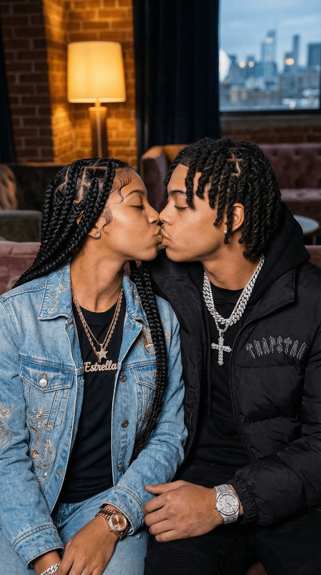 Hyperrealistic photograph of a couple kissing passionately, lips interlocked. The man, with accurate skin tone and facial features, wears drippy, stylish streetwear, multiple diamond tennis chains, and a luxury watch. The woman, also with accurate skin tone and facial features, wears a prominent diamond "Star" chain, and a distinct, fashionable outfit different from his. The lighting is soft and romantic, emphasizing the intimacy of the moment. The image is expertly composed, ensuring no visual anomalies or "weird" elements, and focuses on the genuine connection between the two subjects.