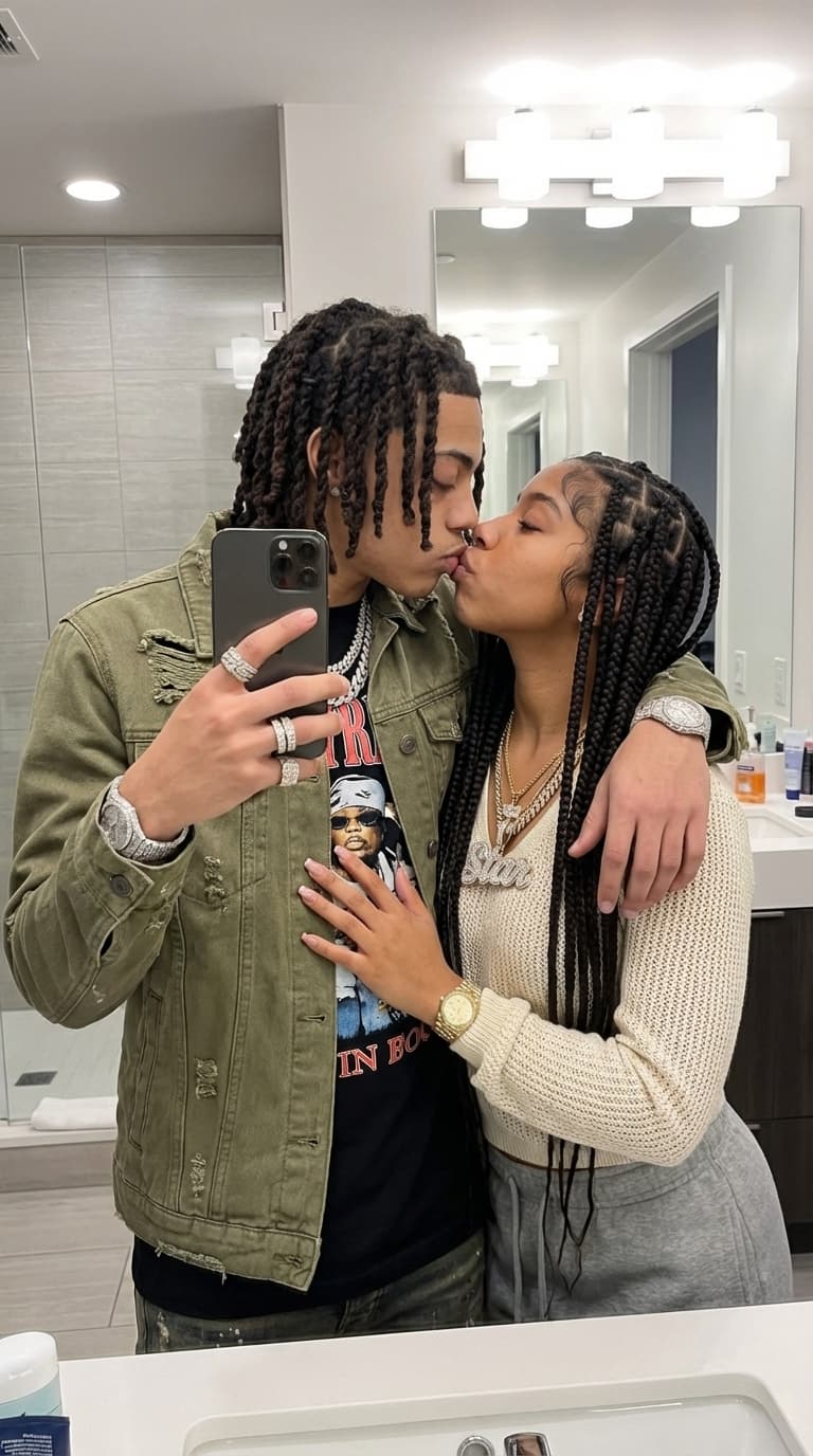 Create an image of them standing together in the bathroom mirror kissing. 1 of them should be holding the phone. He should have tennis chains on and watch, with drippy clothes on, lip to lip with her. She should have on a diamond “Star” chain! make sure skin tones are accurate! Identity accuracy is critical! Make sure faces are accurate! They should have on different clothes. Images shouldn’t look weird.