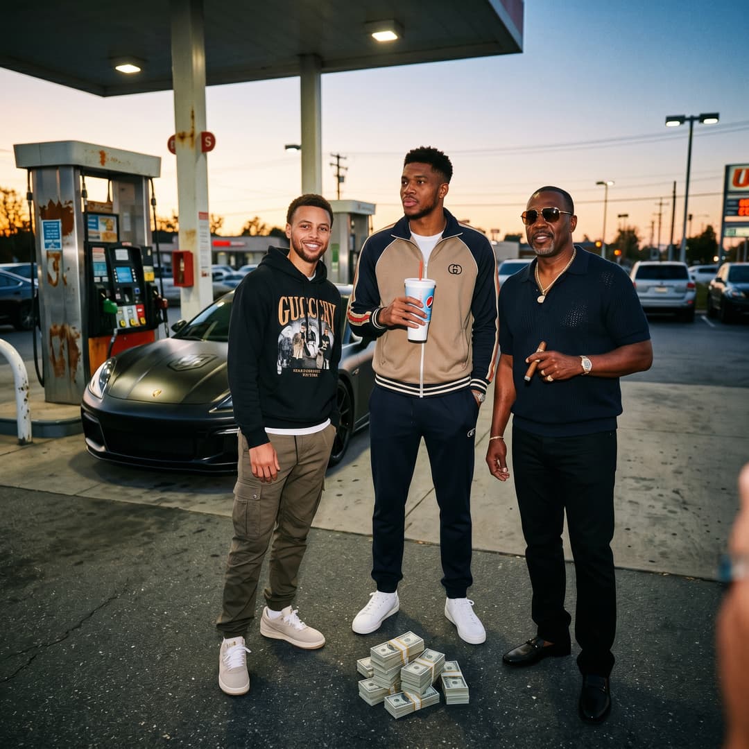 ultra realistic paparazzi style photo of three legendary basketball players standing outside a gas station at sunset, one tall muscular bald athlete with a beard holding a drink cup casually Lebron lookalike, one older bald athlete wearing sunglasses smoking a cigar confidently Michael Jordan Lookalike, one younger athletic player smiling and posing relaxed Kobe Bryant lookalike, all wearing high-end designer streetwear, surrounded by stacks of US cash, luxury sports car parked nearby with custom wrap, cinematic lighting, warm sunset tones, realistic skin texture with visible pores, natural shadows and reflections, slight motion blur, iphone photo style, 35mm lens, shallow depth of field, gritty realism, candid moment, imperfect details, photorealistic, high dynamic range