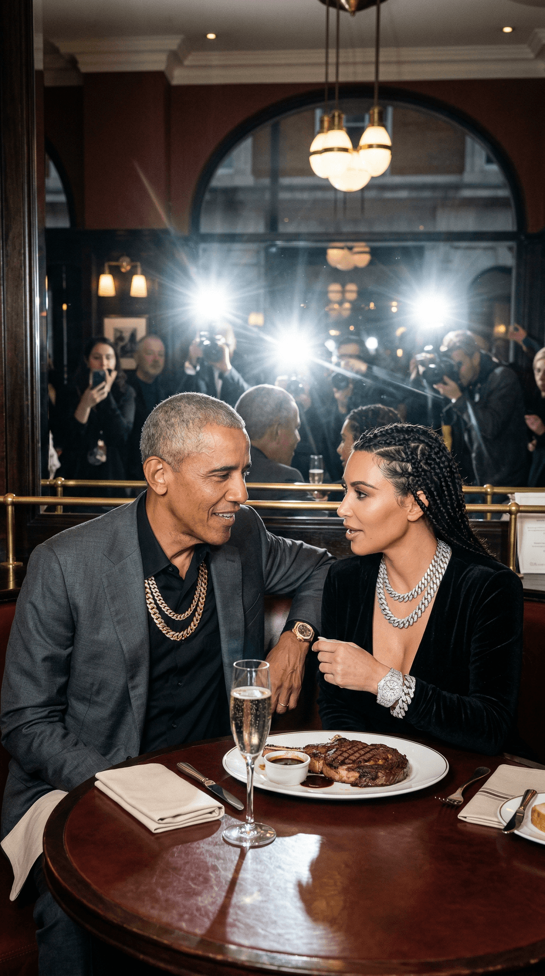 ```
((Hyperrealistic photograph)) of a controversial former US President Barack Obama sitting intimately close with famous female reality star Kim Kardashian at a polished, dark wood table in a dimly lit, opulent Mayfair luxury restaurant. Both figures are impeccably dressed in high-fashion attire, prominently displaying oversized, gleaming diamond Cuban link chains and intricate, luxury watches on their wrists, catching the warm, ambient restaurant lighting. On the table, a perfectly seared steak, glistening with juices, is presented alongside a crystal flute filled with bubbling champagne. Through the large, elegant window in the background, a chaotic burst of bright, white paparazzi flashes are distinctly visible, creating dramatic silhouettes and reflections. Shot with an 85mm portrait lens, ensuring ultra-sharp facial detail, capturing every pore and subtle expression. The lighting is a sophisticated blend of warm, inviting restaurant illumination and the harsh, instantaneous bursts of camera flashes from outside.
```