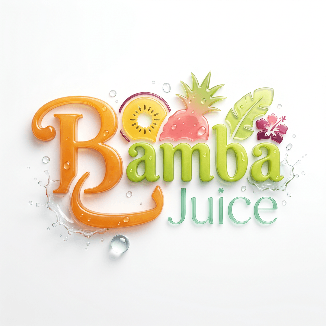 **Photorealistic studio shot, high-resolution product photography, centered composition, isolated on a clean white background.**

**Subject:** A vibrant, three-dimensional logo for "Bamba Juice."

**Logo Design:**

*   **Overall Aesthetic:** Organic, fresh, playful, and premium.
*   **Color Palette:** Dominated by a spectrum of tropical fruit colors: mango orange, passion fruit yellow, guava pink, lime green, and hints of deep berry purple. Colors should be rich, saturated, and slightly translucent, suggesting juicy freshness.
*   **Typography - "Bamba":**
    *   The first "B" is a sophisticated fusion. It starts with the elegant, curved stroke of a classic Roman serif 'B' (think Bodoni or Didot influence, but softened). This stroke then subtly transitions and extends into the distinctive, upward-curving base of the Arabic letter 'Ba' (ب). The dot for the Arabic 'Ba' is rendered as a perfectly spherical, glistening dewdrop, seemingly suspended just beneath the curve, catching and refracting light. This 'B' should have a slight, almost imperceptible 3D relief, as if carved from polished tropical wood or molded from solidified fruit pulp.
    *   The subsequent "amba" should be in a friendly, slightly rounded sans-serif font, perhaps with a subtle hand-drawn quality, in a complementary but distinct color (e.g., a vibrant lime green or a warm mango orange). Letters should be well-spaced and legible.
*   **Typography - "Juice":** Positioned beneath "Bamba" in a smaller, slightly thinner, elegant sans-serif font. The color could be a refreshing sky blue or a light, watery green, suggesting liquid.
*   **Iconography/Embellishments:**
    *   **Subtle Fruit Silhouettes:** Interwoven within or around the text, or forming part of the 'B' design, are stylized, translucent silhouettes of tropical fruits: a slice of kiwi, a pineapple crown, a single banana leaf, a small hibiscus flower. These should be minimalist and not overwhelm the typography, acting as subtle textural elements or background accents.
    *   **Water Droplets/Splashes:** A few hyper-realistic, glistening water droplets or a very delicate, frozen splash effect (like a liquid sculpture) around the logo, suggesting freshness and juice. These should be rendered with incredible detail, showing reflections and refractions.
*   **Materiality/Textures:** The logo elements should appear to have varied textures. The 'B' could have a polished, almost wet look, like a piece of fruit. Other elements might have a softer, slightly fibrous texture, like paper pulp or a smooth fruit skin.

**Lighting:** Soft, diffused studio lighting from multiple angles, emphasizing depth and form. A subtle rim light to highlight edges and create a sense of three-dimensionality. Focus on realistic specular highlights and gentle shadows that define the logo's shape without being harsh.

**Focus:** Pin-sharp focus on all elements of the logo, from the intricate details of the 'B' to the smallest water droplet.

**Depth of Field:** Very shallow depth of field, with the logo perfectly in focus and the background a pristine, ethereal white, creating maximum separation and impact.

**Post-Processing:** Minimalist, clean, and vibrant. Enhanced color saturation to bring out the richness of the tropical palette. Subtle sharpening to emphasize fine details. No excessive filters or effects that would detract from the hyper-realistic aesthetic.

**Camera:** Medium format digital camera.
**Lens:** Macro lens.
**Aperture:** f/2.8.
**Shutter Speed:** Fast enough to ensure crispness.
**ISO:** Low, for minimal noise.