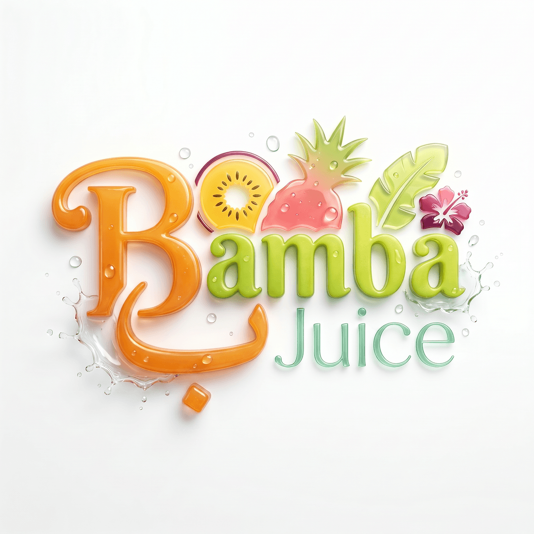 **Photorealistic studio shot, high-resolution product photography, centered composition, isolated on a clean white background.**

**Subject:** A vibrant, three-dimensional logo for "Bamba Juice."

**Logo Design:**
Blend the roman B and Arabic Ba so that they appear somewhat as one letter
*   **Overall Aesthetic:** Organic, fresh, playful, and premium.
*   **Color Palette:** Dominated by a spectrum of tropical fruit colors: mango orange, passion fruit yellow, guava pink, lime green, and hints of deep berry purple. Colors should be rich, saturated, and slightly translucent, suggesting juicy freshness.
*   **Typography - "Bamba":**
    *   The first "B" is a sophisticated fusion. It starts with the elegant, curved stroke of a classic Roman serif 'B' (think Bodoni or Didot influence, but softened). This stroke then subtly transitions and extends into the distinctive, upward-curving base of the Arabic letter 'Ba' (ب). The dot for the Arabic 'Ba' is rendered as a perfectly spherical, glistening dewdrop, seemingly suspended just beneath the curve, catching and refracting light. This 'B' should have a slight, almost imperceptible 3D relief, as if carved from polished tropical wood or molded from solidified fruit pulp.
    *   The subsequent "amba" should be in a friendly, slightly rounded sans-serif font, perhaps with a subtle hand-drawn quality, in a complementary but distinct color (e.g., a vibrant lime green or a warm mango orange). Letters should be well-spaced and legible.
*   **Typography - "Juice":** Positioned beneath "Bamba" in a smaller, slightly thinner, elegant sans-serif font. The color could be a refreshing sky blue or a light, watery green, suggesting liquid.
*   **Iconography/Embellishments:**
    *   **Subtle Fruit Silhouettes:** Interwoven within or around the text, or forming part of the 'B' design, are stylized, translucent silhouettes of tropical fruits: a slice of kiwi, a pineapple crown, a single banana leaf, a small hibiscus flower. These should be minimalist and not overwhelm the typography, acting as subtle textural elements or background accents.
    *   **Water Droplets/Splashes:** A few hyper-realistic, glistening water droplets or a very delicate, frozen splash effect (like a liquid sculpture) around the logo, suggesting freshness and juice. These should be rendered with incredible detail, showing reflections and refractions.
*   **Materiality/Textures:** The logo elements should appear to have varied textures. The 'B' could have a polished, almost wet look, like a piece of fruit. Other elements might have a softer, slightly fibrous texture, like paper pulp or a smooth fruit skin.

**Lighting:** Soft, diffused studio lighting from multiple angles, emphasizing depth and form. A subtle rim light to highlight edges and create a sense of three-dimensionality. Focus on realistic specular highlights and gentle shadows that define the logo's shape without being harsh.

**Focus:** Pin-sharp focus on all elements of the logo, from the intricate details of the 'B' to the smallest water droplet.

**Depth of Field:** Very shallow depth of field, with the logo perfectly in focus and the background a pristine, ethereal white, creating maximum separation and impact.

**Post-Processing:** Minimalist, clean, and vibrant. Enhanced color saturation to bring out the richness of the tropical palette. Subtle sharpening to emphasize fine details. No excessive filters or effects that would detract from the hyper-realistic aesthetic.

**Camera:** Medium format digital camera.
**Lens:** Macro lens.
**Aperture:** f/2.8.
**Shutter Speed:** Fast enough to ensure crispness.
**ISO:** Low, for minimal noise.