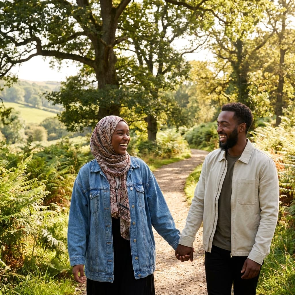 Young black muslim couple walking joyfully in a beautiful natural park having a conversation.