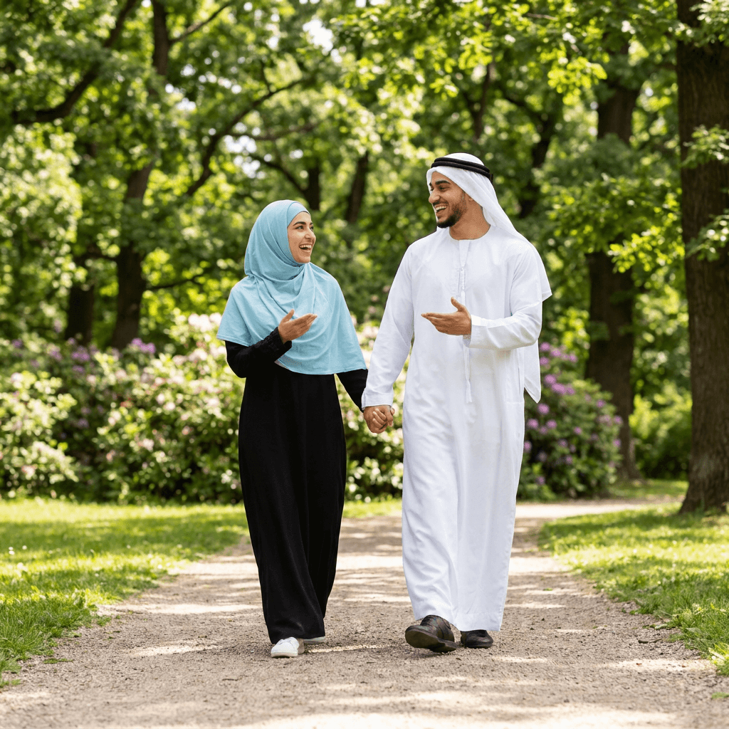 Young Arab muslim couple walking joyfully in a beautiful natural park having a conversation.