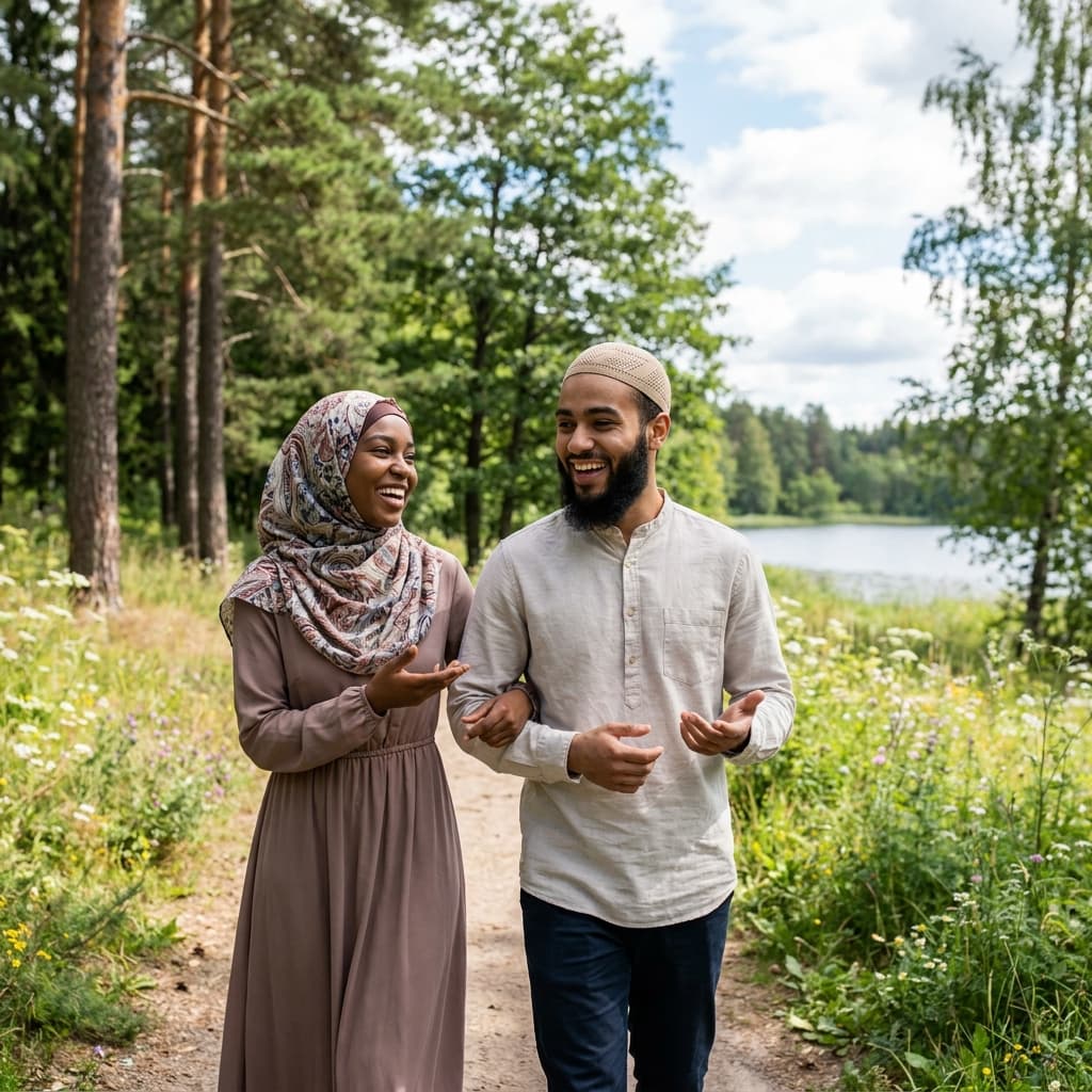 Young African Muslim couple walking joyfully in a beautiful natural park having a conversation.