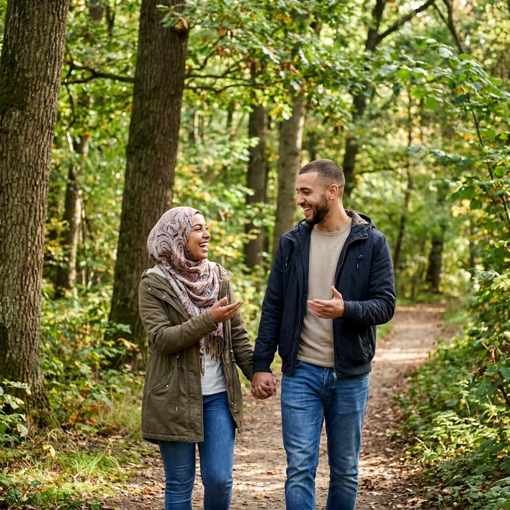 Young mixed-ethnicity Muslim couple walking joyfully in a beautiful natural park having a conversation.