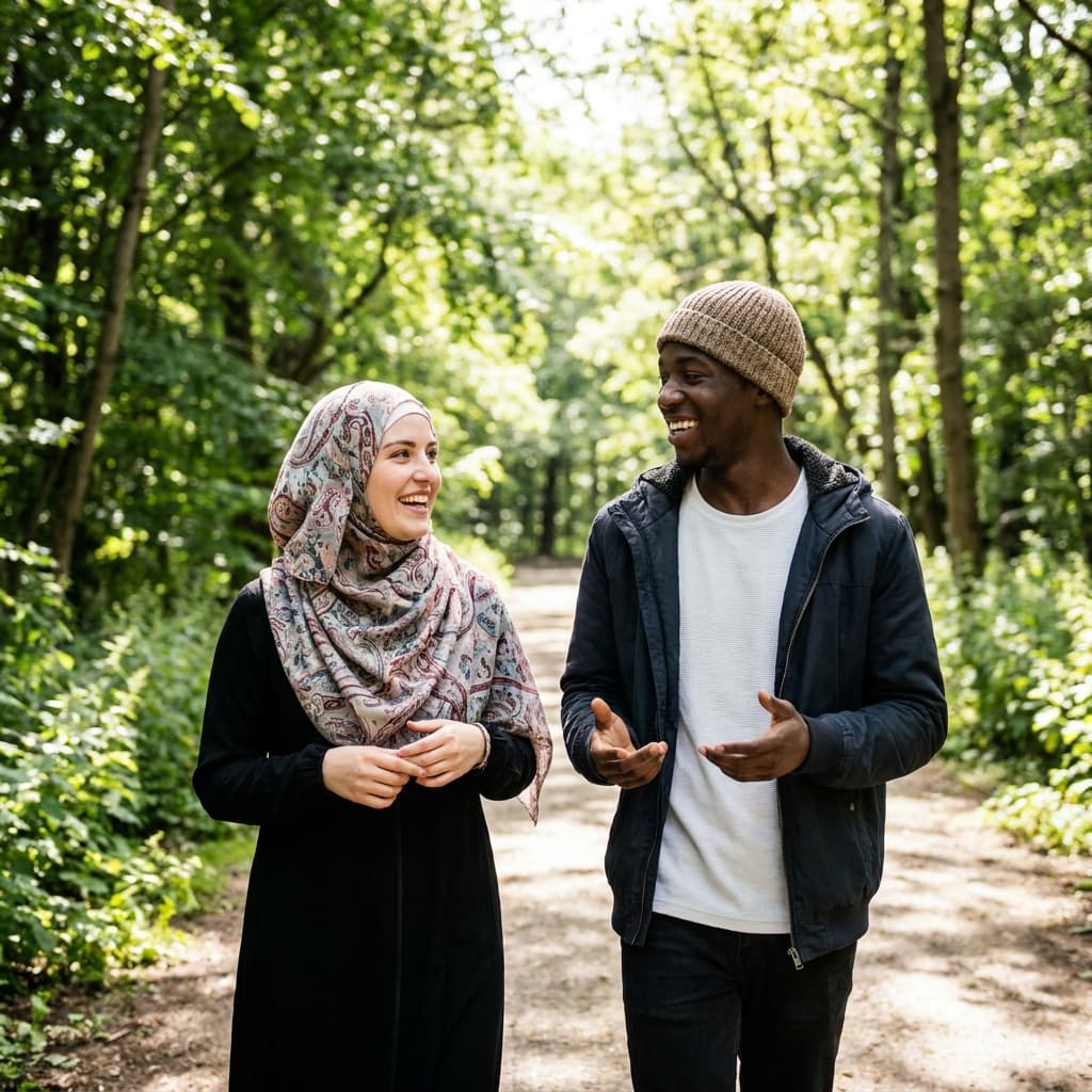 Young caucasian (woman) -black (man) Muslim couple walking joyfully in a beautiful natural park having a conversation. Not holding hands