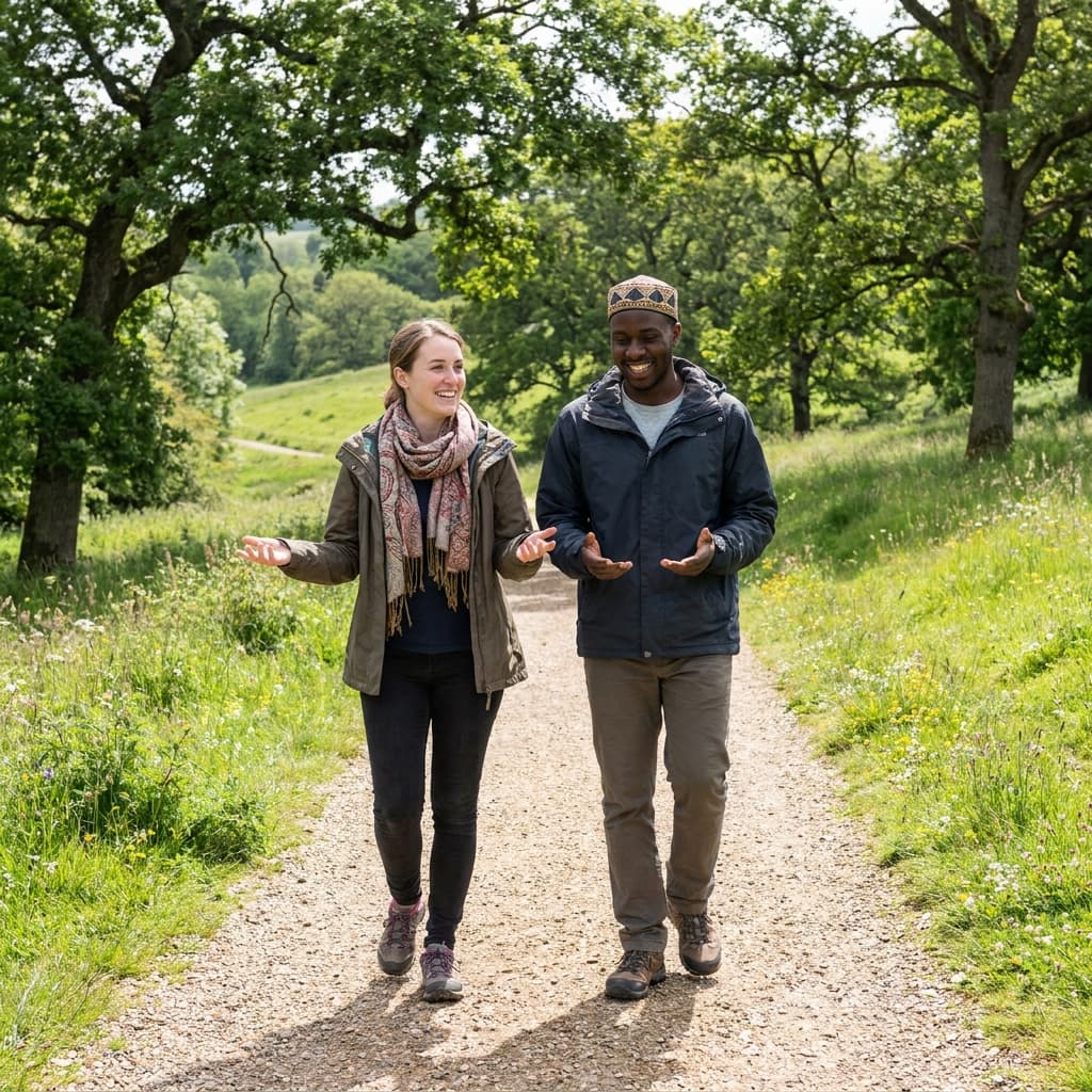 Young Caucasian (woman) -black (man) wearing a kufi-  Muslim couple walking joyfully in a beautiful natural park having a conversation. Not holding hands