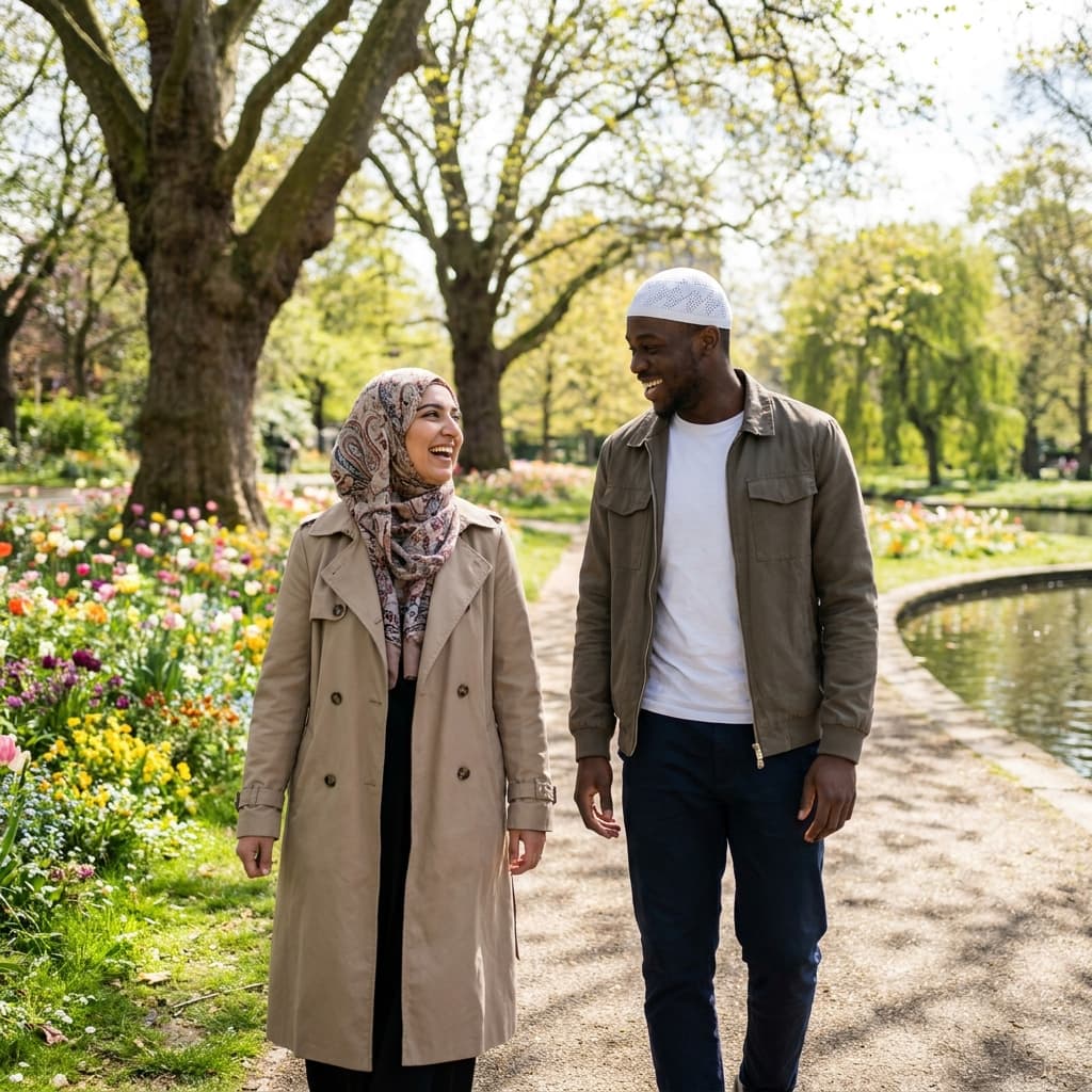 Young Muslim Pakistani (woman) and black (man) wearing a white kufi- Muslim couple walking joyfully in a beautiful natural park having a conversation. Not holding hands