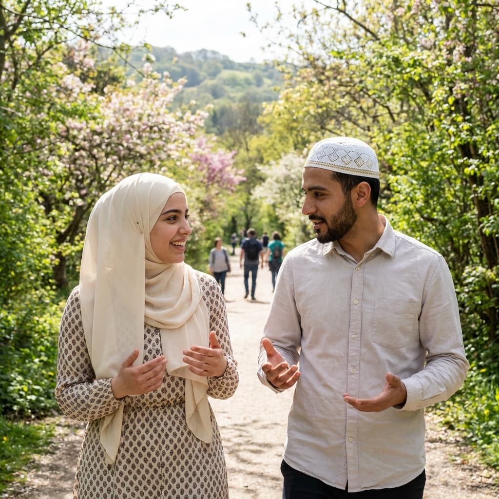 Young Muslim Palestinian (woman) and Arab (man) wearing a white kufi- Muslim couple walking joyfully in a beautiful natural park having a conversation. Not holding hands