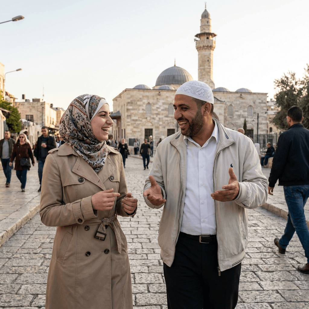 Young Muslim Palestinian (woman) and Arab (man) wearing a white kufi-  Muslim couple walking joyfully in front of a mosque in the distance having a conversation. Not holding hands