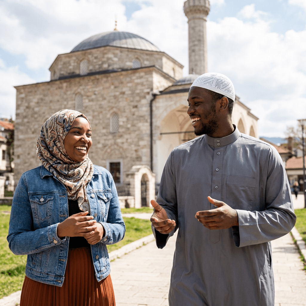 Young Muslim African-American (woman) and African (man) wearing a white kufi- Muslim couple walking joyfully in front of a mosque in the distance having a conversation. Not holding hands