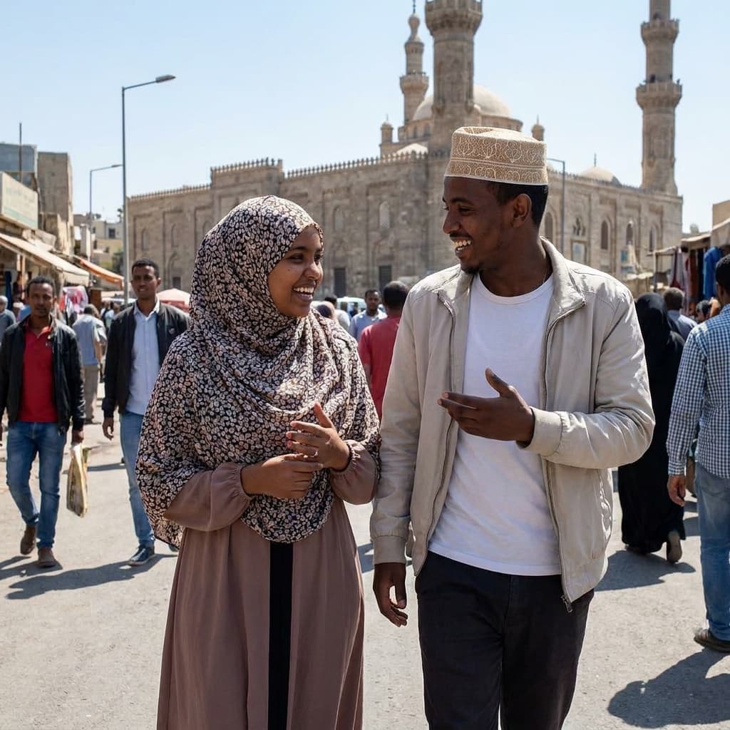 Young Muslim Ethiopian couple walking joyfully in front of a mosque in the distance having a conversation. Not holding hands
