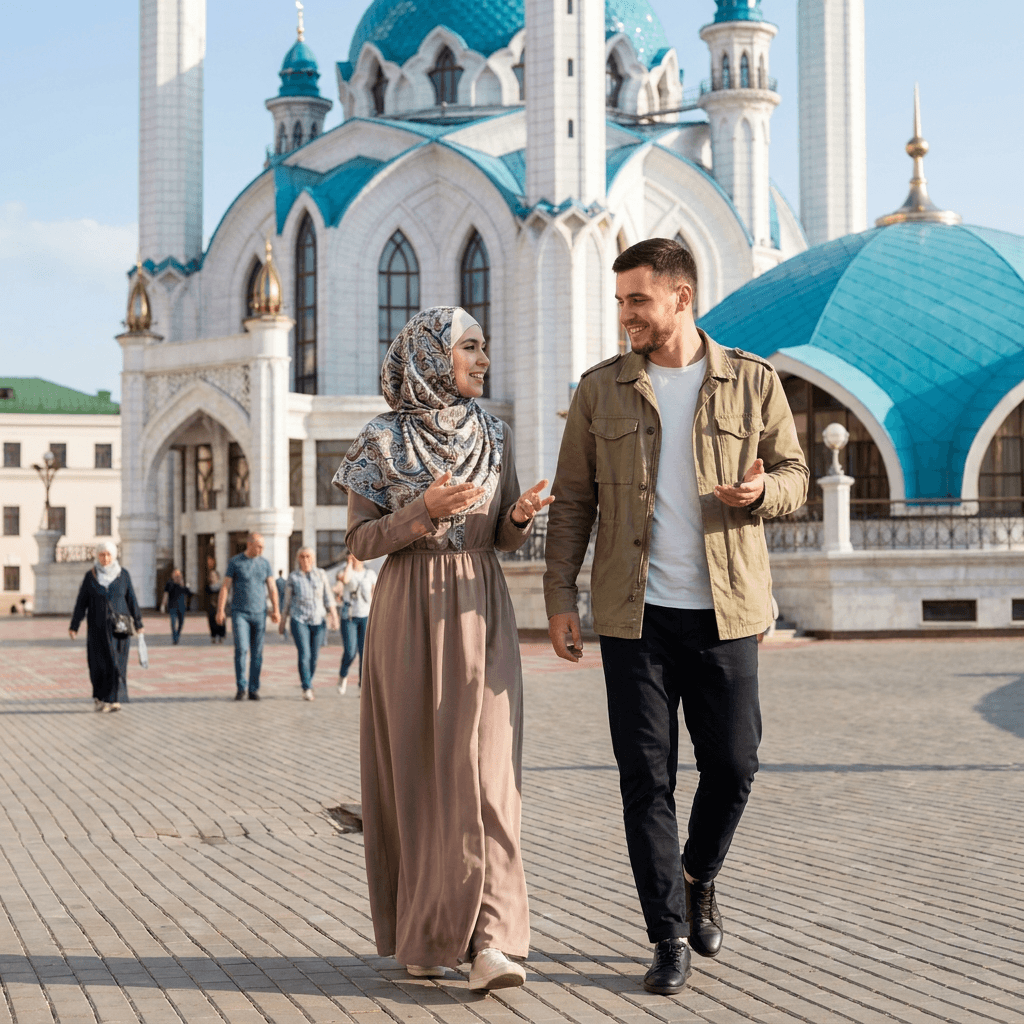 Young White Muslim couple walking joyfully in front of a mosque in the distance having a conversation. Not holding hands