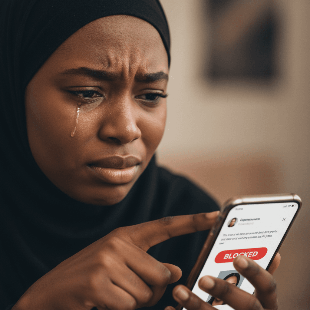 Young black muslim woman with a tear streaming down her face clearly upset and pressing "blocked" button on her phone screen. Focus on her emotional state and the phone screen.