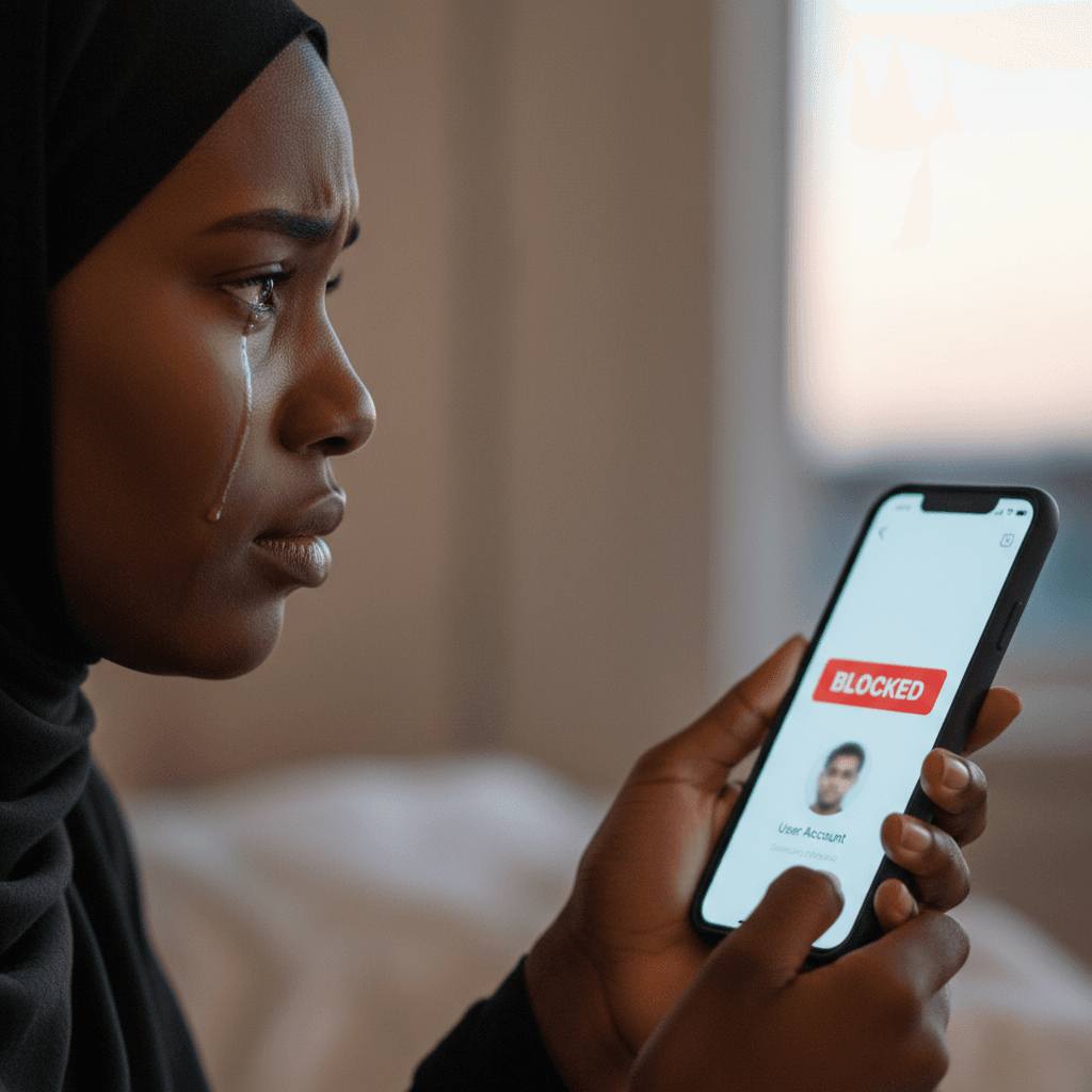 profile view of a young black muslim woman in her 30's with a tear streaming down her face clearly upset and pressing "blocked" button on her phone screen. Focus on her emotional state. place the phone screen in view
