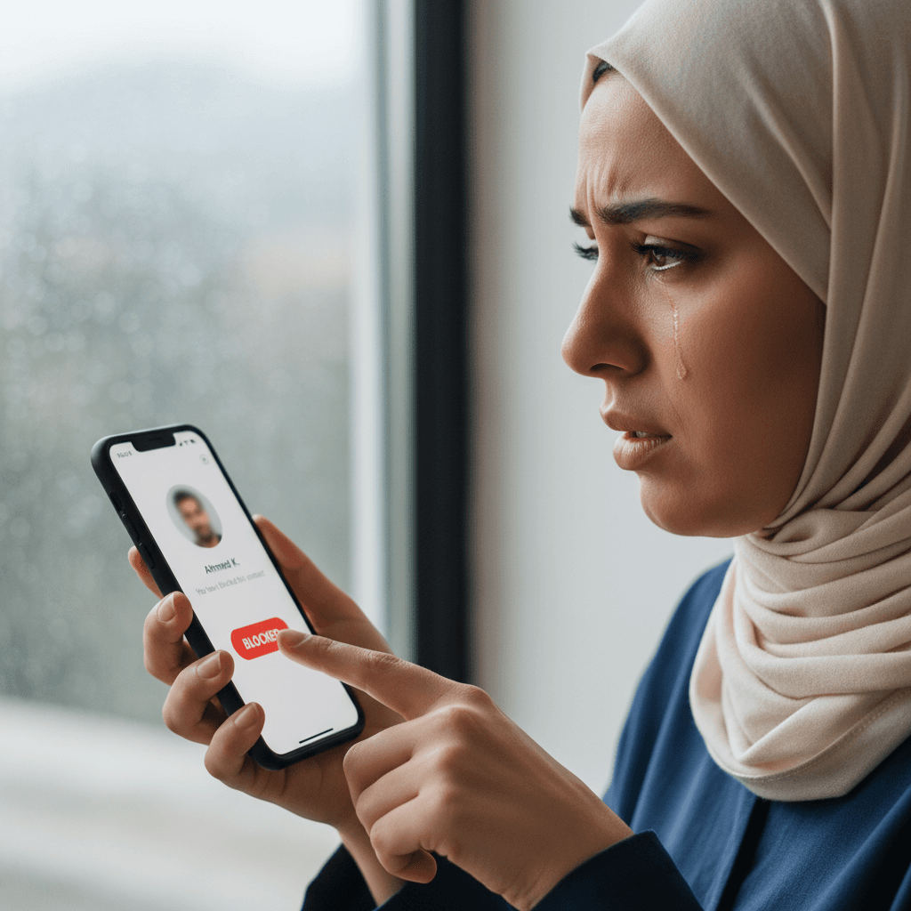 

profile view of a young arab muslim woman in her 30's with a tear streaming down her face clearly upset and pressing "blocked" button on her phone screen. Focus on her emotional state. place the phone screen in view