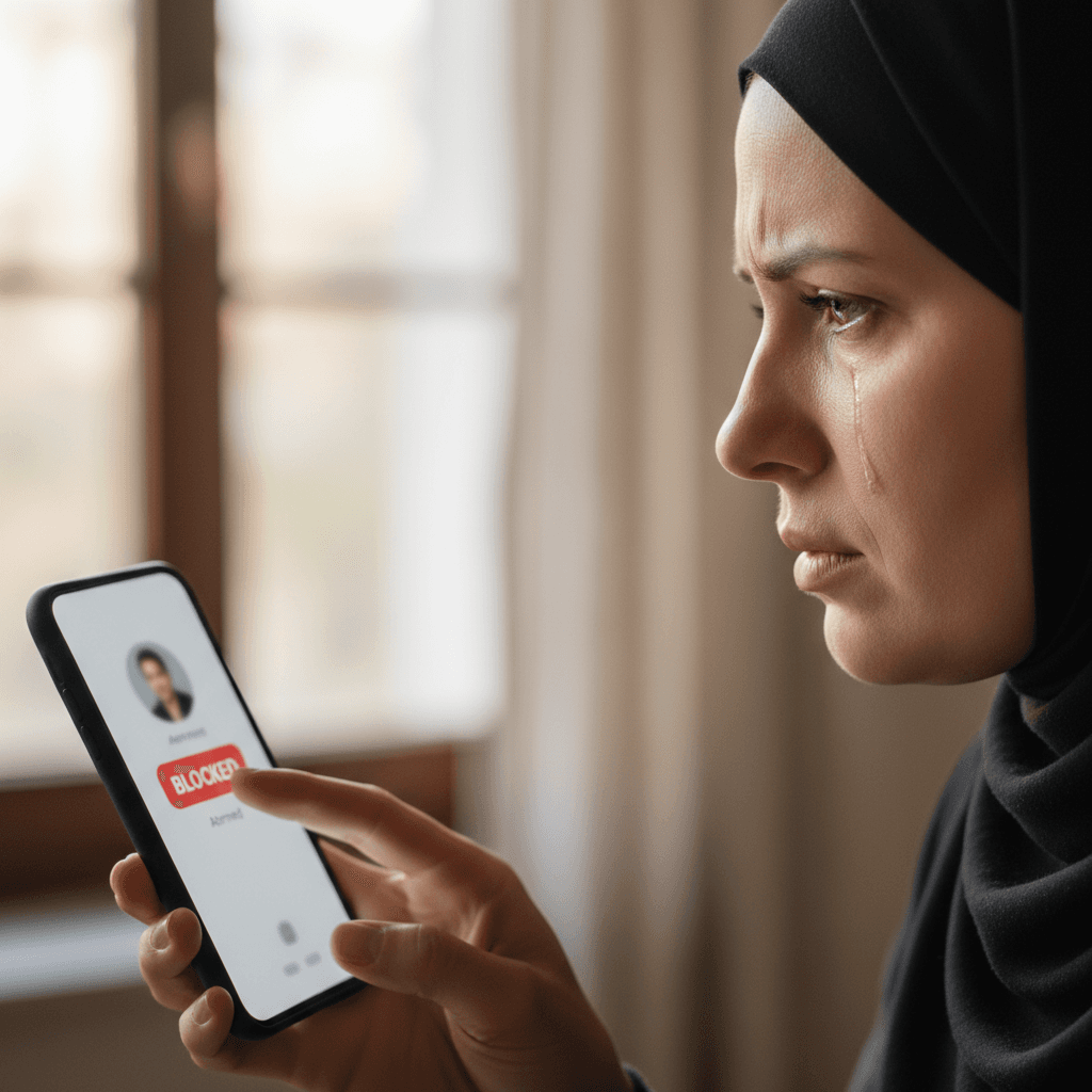 

profile view of a young white muslim woman in her 30's with a tear streaming down her face clearly upset and pressing "blocked" button on her phone screen. Focus on her emotional state. place the phone screen in view