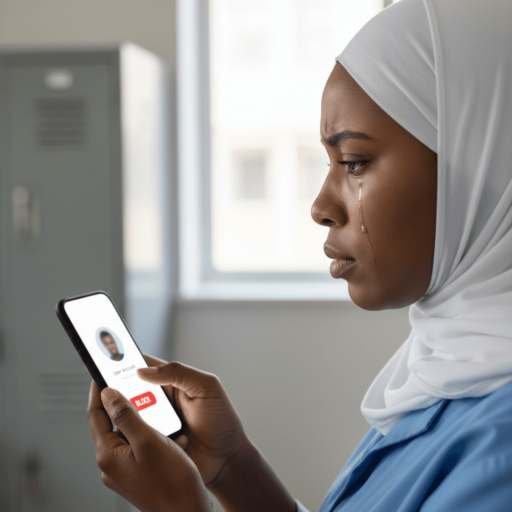 profile view of a young african muslim woman in a nurses uniform in her 30's with a tear streaming down her face clearly upset and pressing "blocked" button on her phone screen. Focus on her emotional state. place the phone screen in view