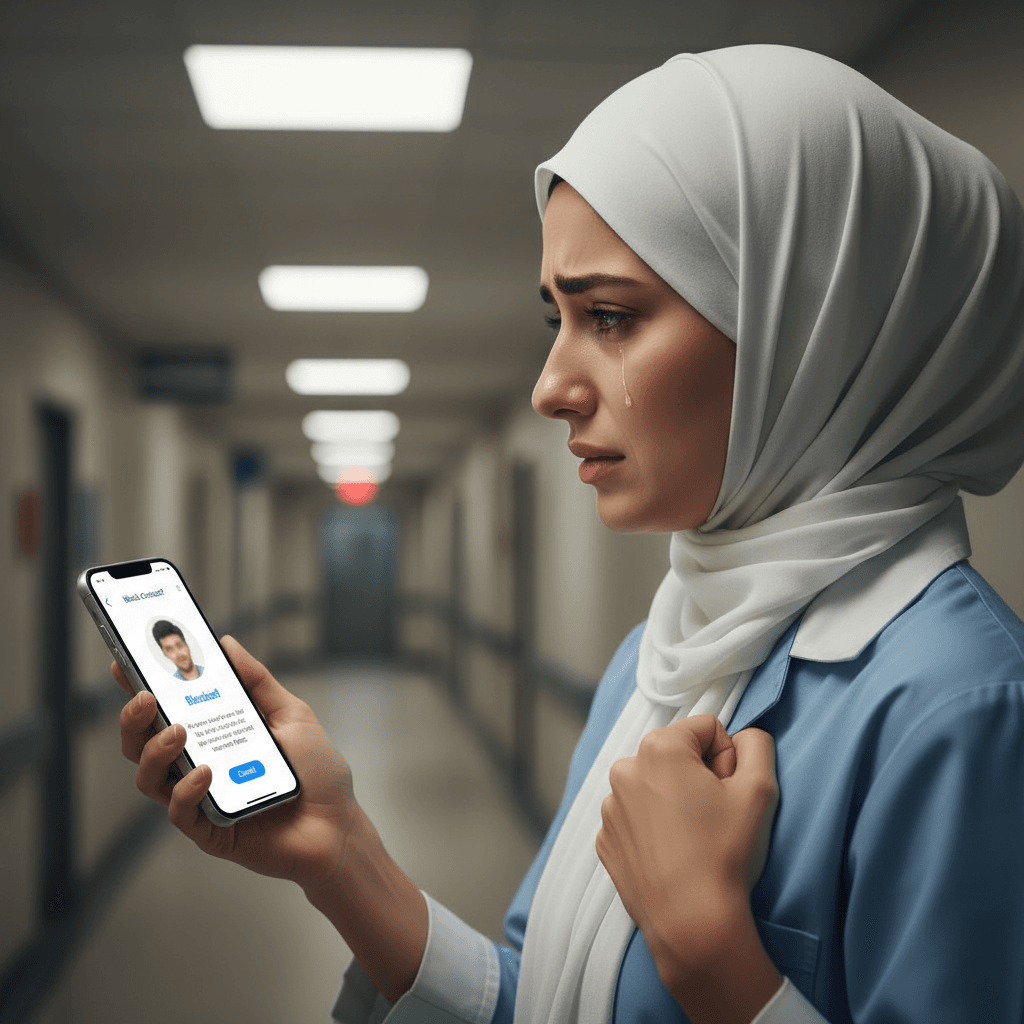 

profile view of a young pakistani muslim woman in a nurses uniform in her 30's with a tear streaming down her face clearly upset and pressing "blocked" button on her phone screen. Focus on her emotional state. place the phone screen in view