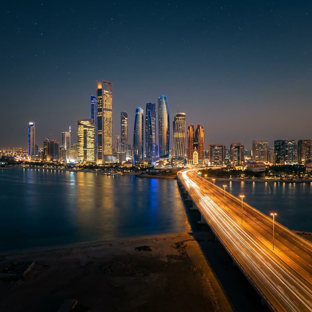 4K drone footage, hyperrealistic, cinematic, aerial view of Abu Dhabi cityscape at night, towering skyscrapers illuminated with vibrant lights, intricate architectural details, reflections shimmering on the calm waters of the Arabian Gulf, dynamic light trails from moving vehicles, clear starry sky, ultra-sharp focus, rich contrast, deep shadows, professional color grading, shot with a DJI Inspire 3 with a Zenmuse X9-8K Air gimbal camera, f/2.8, ISO 400, 1/100s, 24mm lens.