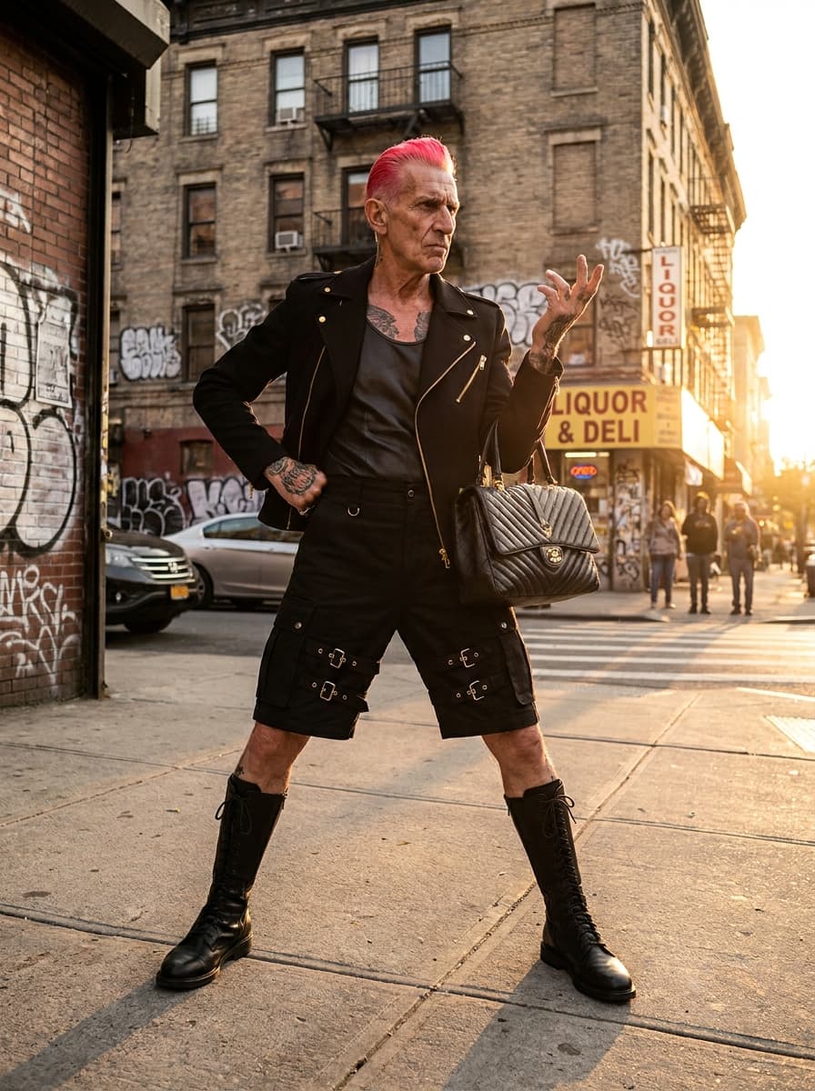 Ultra-realistic editorial street scene at golden hour.

A bold older male with a recognizable political-leader look stands confidently on a busy inner-city sidewalk. He has:

• sharp facial features
• slicked-back, dyed neon pink hair (same style as reference, edgy and exaggerated)
• intense, slightly defiant facial expression

He is wearing the exact outfit from the reference image:

• black fitted jacket with gold zippers and detailing
• black leather top underneath
• black high-waisted shorts with multiple belt straps
• visible tattoos covering legs and chest
• knee-high black boots
• carrying a luxury quilted handbag

He stands in a power stance, one hand on hip, the other raised with attitude (editorial fashion pose).

Environment

• busy urban “ghetto” style street
• cars driving past (slight motion blur)
• people in background reacting, watching
• corner stores, graffiti walls, street signs
• warm golden hour sunlight hitting subject

Lighting

• cinematic golden hour glow
• strong highlights on skin and outfit textures
• long shadows across sidewalk

Camera

• low angle, slightly tilted for edgy fashion feel
• 85mm lens look
• shallow depth of field (background slightly blurred)

Style

ultra photorealistic
high-fashion editorial meets street culture
bold, rebellious energy
8k detail
cinematic color grading
sharp skin texture
