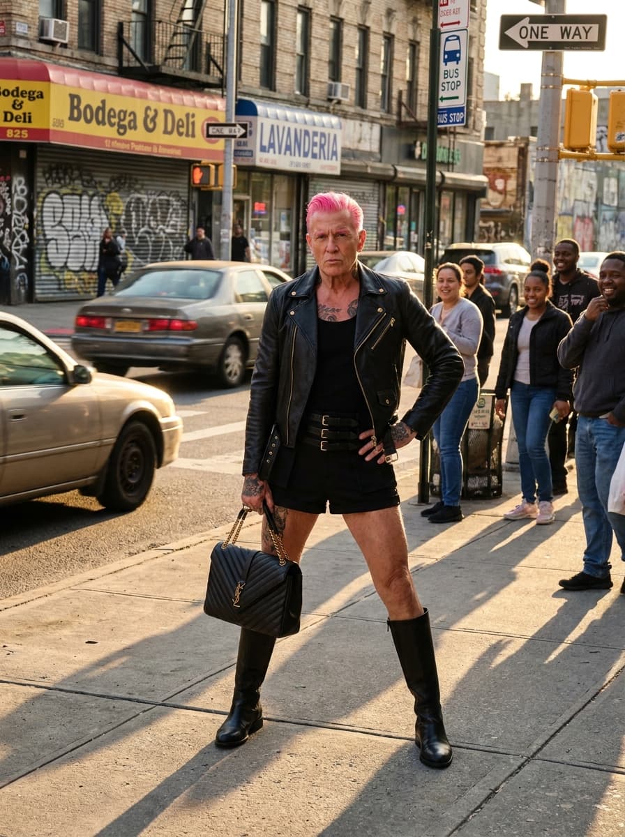 Ultra-realistic editorial street scene at golden hour.

A bold older male with a recognizable political-leader look stands confidently on a busy inner-city sidewalk. He has:

• sharp facial features
• slicked-back, dyed neon pink hair (same style as reference, edgy and exaggerated)
• intense, slightly defiant facial expression

He is wearing the exact outfit from the reference image:

• black fitted jacket with gold zippers and detailing
• black leather top underneath
• black high-waisted shorts with multiple belt straps
• visible tattoos covering legs and chest
• knee-high black boots
• carrying a luxury quilted handbag

He stands in a power stance, one hand on hip, the other raised with attitude (editorial fashion pose).

Environment

• busy urban “ghetto” style street
• cars driving past (slight motion blur)
• people in background reacting, watching
• corner stores, graffiti walls, street signs
• warm golden hour sunlight hitting subject

Lighting

• cinematic golden hour glow
• strong highlights on skin and outfit textures
• long shadows across sidewalk

Camera

• low angle, slightly tilted for edgy fashion feel
• 85mm lens look
• shallow depth of field (background slightly blurred)

Style

ultra photorealistic
high-fashion editorial meets street culture
bold, rebellious energy
8k detail
cinematic color grading
sharp skin texture