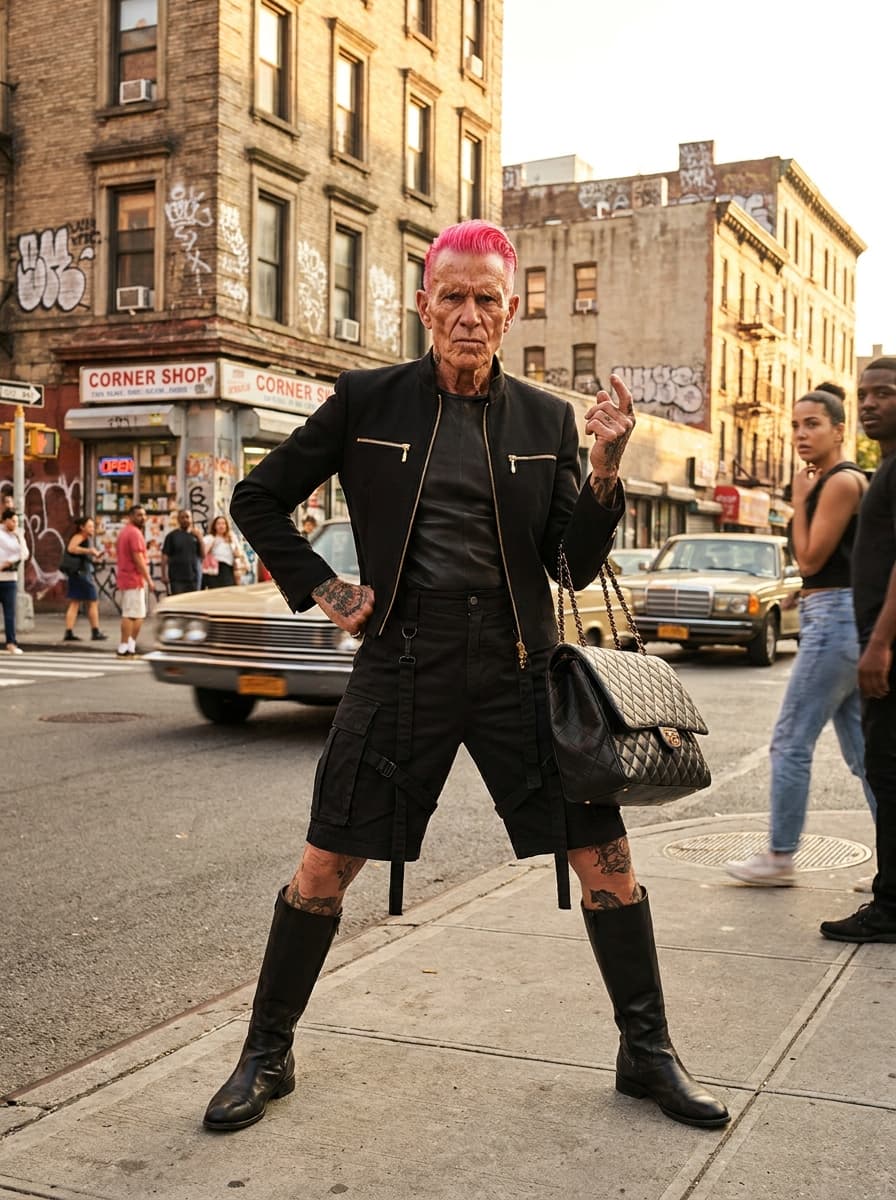 Ultra-realistic editorial street scene at golden hour.

A bold older male with a recognizable political-leader look stands confidently on a busy inner-city sidewalk. He has:

• sharp facial features
• slicked-back, dyed neon pink hair (same style as reference, edgy and exaggerated)
• intense, slightly defiant facial expression

He is wearing the exact outfit from the reference image:

• black fitted jacket with gold zippers and detailing
• black leather top underneath
• black high-waisted shorts with multiple belt straps
• visible tattoos covering legs and chest
• knee-high black boots
• carrying a luxury quilted handbag

He stands in a power stance, one hand on hip, the other raised with attitude (editorial fashion pose).

Environment

• busy urban “ghetto” style street
• cars driving past (slight motion blur)
• people in background reacting, watching
• corner stores, graffiti walls, street signs
• warm golden hour sunlight hitting subject

Lighting

• cinematic golden hour glow
• strong highlights on skin and outfit textures
• long shadows across sidewalk

Camera

• low angle, slightly tilted for edgy fashion feel
• 85mm lens look
• shallow depth of field (background slightly blurred)

Style

ultra photorealistic
high-fashion editorial meets street culture
bold, rebellious energy
8k detail
cinematic color grading
sharp skin texture