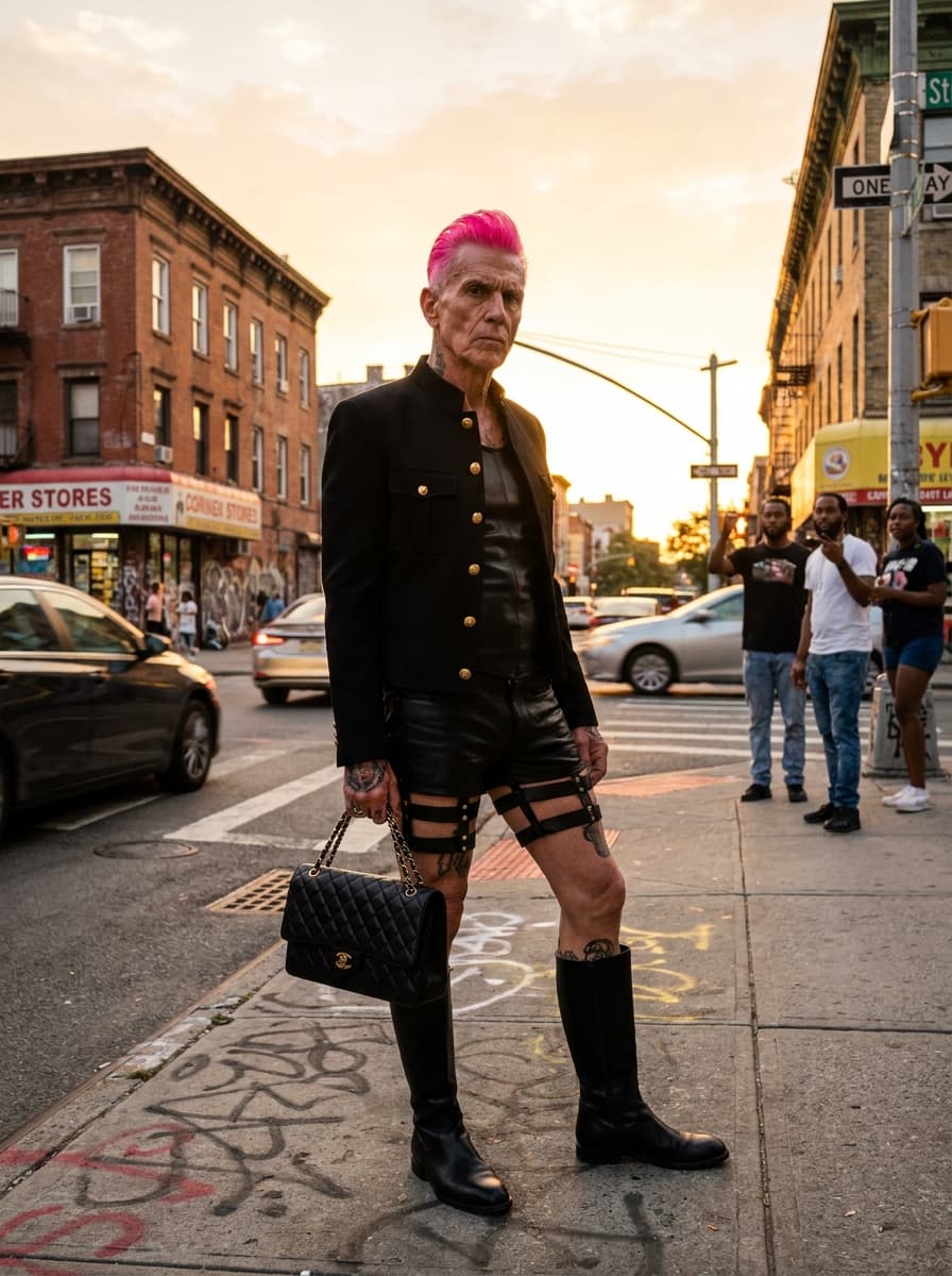 Ultra-realistic editorial street scene at golden hour.

A bold older male with a recognizable political-leader look stands confidently on a busy inner-city sidewalk. He has:

• sharp facial features
• slicked-back, dyed neon pink hair (same style as reference, edgy and exaggerated)
• intense, slightly defiant facial expression

He is wearing the exact outfit from the reference image:

• black fitted jacket with gold zippers and detailing
• black leather top underneath
• black high-waisted shorts with multiple belt straps
• visible tattoos covering legs and chest
• knee-high black boots
• carrying a luxury quilted handbag

He stands in a power stance, one hand on hip, the other raised with attitude (editorial fashion pose).

Environment

• busy urban “ghetto” style street
• cars driving past (slight motion blur)
• people in background reacting, watching
• corner stores, graffiti walls, street signs
• warm golden hour sunlight hitting subject

Lighting

• cinematic golden hour glow
• strong highlights on skin and outfit textures
• long shadows across sidewalk

Camera

• low angle, slightly tilted for edgy fashion feel
• 85mm lens look
• shallow depth of field (background slightly blurred)

Style

ultra photorealistic
high-fashion editorial meets street culture
bold, rebellious energy
8k detail
cinematic color grading
sharp skin texture