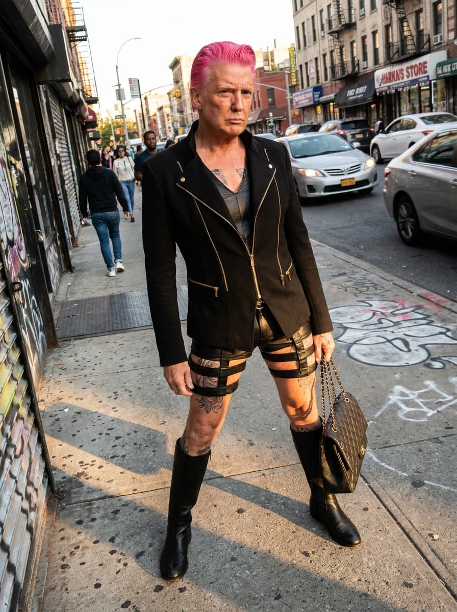 Ultra-realistic editorial street scene of Donald Trump a recognizable political-leader look stands confidently on a busy inner-city sidewalk. He has:

• sharp facial features
• slicked-back, dyed neon pink hair (same style as reference, edgy and exaggerated)
• intense, slightly defiant facial expression

He is wearing the exact outfit from the reference image:

• black fitted jacket with gold zippers and detailing
• black leather top underneath
• black high-waisted shorts with multiple belt straps
• visible tattoos covering legs and chest
• knee-high black boots
• carrying a luxury quilted handbag

He stands in a power stance, one hand on hip, the other raised with attitude (editorial fashion pose).

Environment

• busy urban “ghetto” style street
• cars driving past (slight motion blur)
• people in background reacting, watching
• corner stores, graffiti walls, street signs
• warm golden hour sunlight hitting subject

Lighting

• cinematic golden hour glow
• strong highlights on skin and outfit textures
• long shadows across sidewalk

Camera

• low angle, slightly tilted for edgy fashion feel
• 85mm lens look
• shallow depth of field (background slightly blurred)

Style

ultra photorealistic
high-fashion editorial meets street culture
bold, rebellious energy
8k detail
cinematic color grading
sharp skin texture