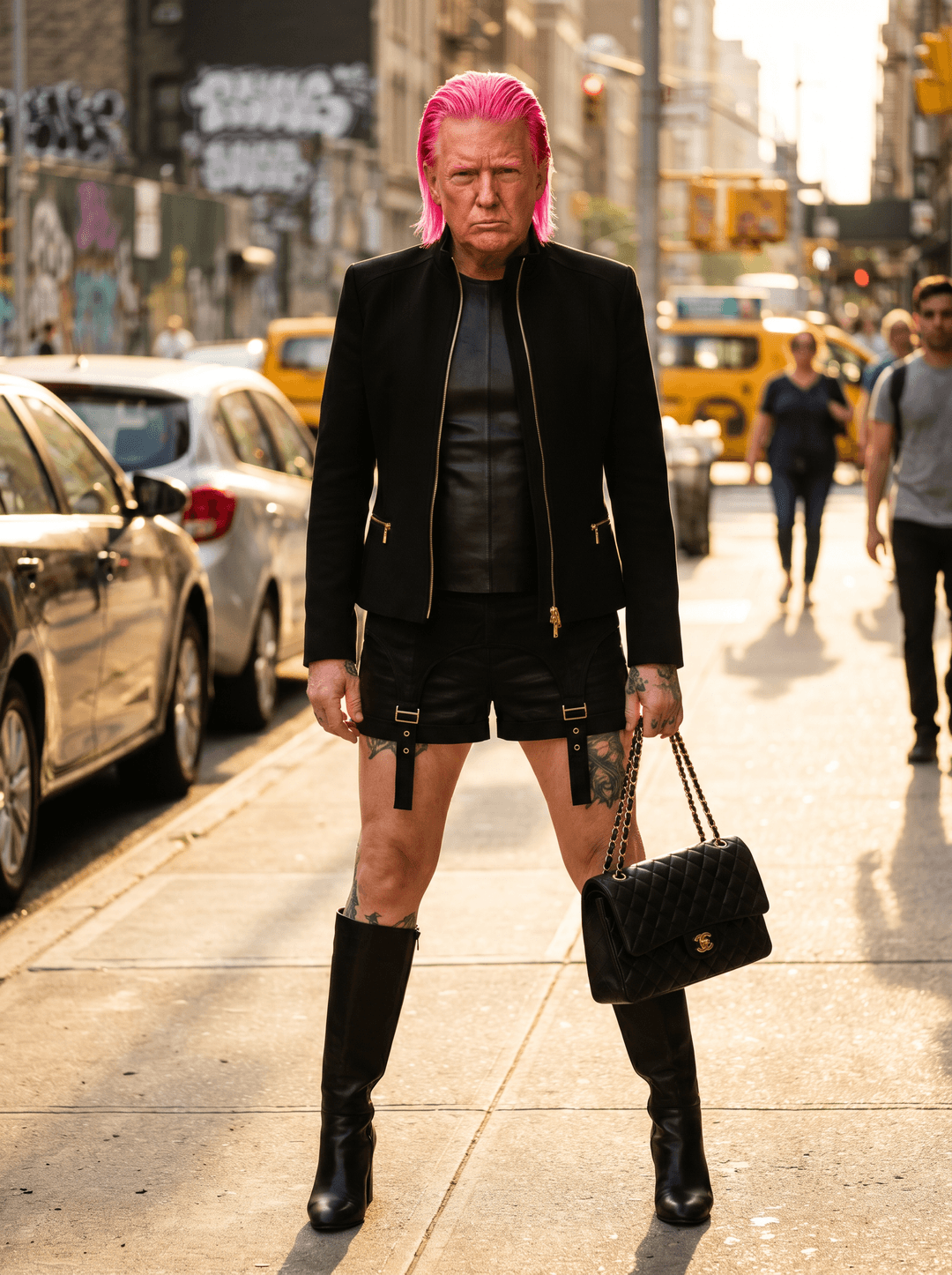 Ultra-realistic editorial street scene of Donald Trump a recognizable political-leader look stands confidently on a busy inner-city sidewalk. He has:

• sharp facial features
• slicked-back, dyed neon pink hair (same style as reference, edgy and exaggerated)
• intense, slightly defiant facial expression

He is wearing the exact outfit from the reference image:

• black fitted jacket with gold zippers and detailing
• black leather top underneath
• black high-waisted shorts with multiple belt straps
• visible tattoos covering legs and chest
• knee-high black boots
• carrying a luxury quilted handbag

He stands in a power stance, one hand on hip, the other raised with attitude (editorial fashion pose).

Environment

• busy urban “ghetto” style street
• cars driving past (slight motion blur)
• people in background reacting, watching
• corner stores, graffiti walls, street signs
• warm golden hour sunlight hitting subject

Lighting

• cinematic golden hour glow
• strong highlights on skin and outfit textures
• long shadows across sidewalk

Camera

• low angle, slightly tilted for edgy fashion feel
• 85mm lens look
• shallow depth of field (background slightly blurred)

Style

ultra photorealistic
high-fashion editorial meets street culture
bold, rebellious energy
8k detail
cinematic color grading
sharp skin texture