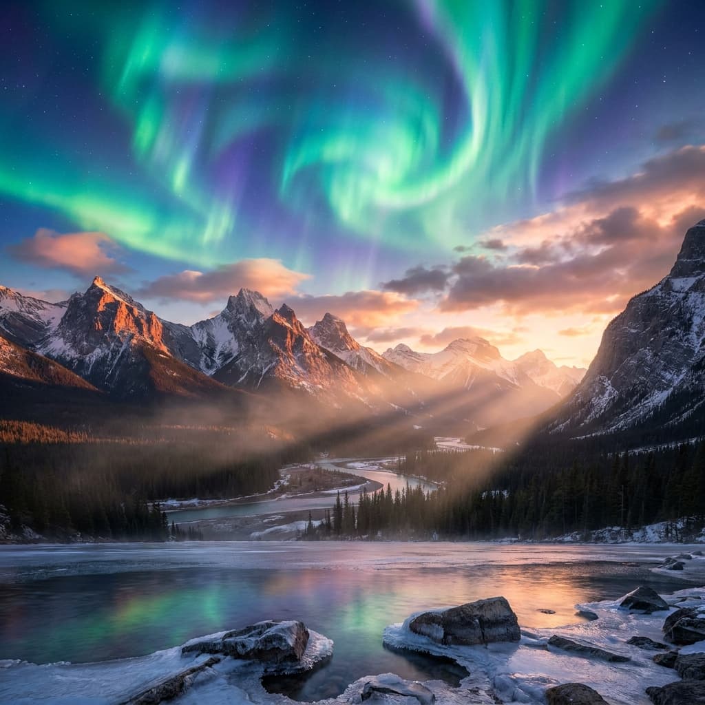 **Highly detailed landscape photograph**, a breathtaking magical aurora painting the sky over majestic, snow-capped mountains at twilight. **Cinematic 4K resolution**, **volumetric lighting** casting ethereal beams and dramatic shadows. **Ultra-sharp focus**, **rich, vibrant colors**, **perfectly balanced exposure**. Shot on a **Phase One XF IQ4** with a **Rodenstock HR Digaron-S 23mm f/5.6 lens**, **long exposure** to capture the aurora's full splendor, **f/8 aperture**, **ISO 100**. **Golden hour light** subtly illuminating the mountain peaks from the west, creating a warm glow against the cool blues and greens of the aurora. **Subtle mist** rising from the valleys, adding depth and atmosphere. **Epic scale, awe-inspiring, hyperrealistic.**