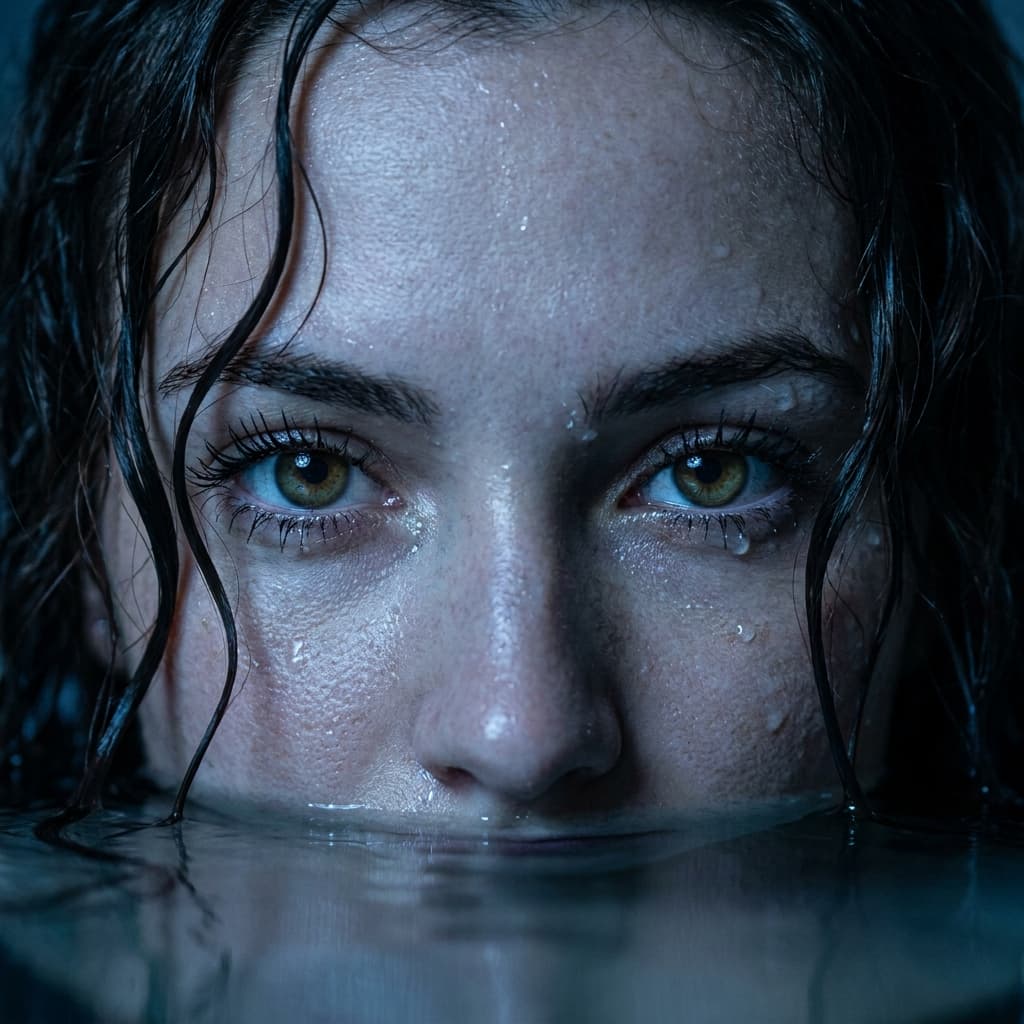 Extreme face close-up portrait of a woman mermaid emerging from water, frame tightly focused on her eyes and upper face, hazel eyes with natural depth and emotion, captivating gaze, wet wavy long thick hair framing her face, strands sticking to skin, wet face with visible water droplets on lashes and cheeks, natural skin texture with pores, soft shimmer from moisture, fantasy-inspired mood, cinematic moonlit blue tones, low-key natural lighting, shallow depth of field, organic highlights, photographic realism, editorial fantasy photography