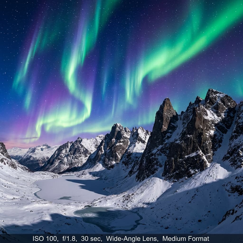 **Prompt:** Hyper-realistic, professional landscape photography of a breathtaking aurora borealis dancing over jagged, snow-capped mountain peaks at twilight. The sky is a vibrant canvas of emerald green, sapphire blue, and amethyst purple, with ethereal light trails streaking across the celestial dome. Volumetric lighting casts long, dramatic shadows and highlights the intricate textures of the pristine snow and ancient rock faces. The air is crisp and clear, revealing every star in the inky blackness above. Ultra-detailed, cinematic quality, 8K resolution, shot on a high-end medium format camera with a wide-angle lens, f/1.8 aperture, ISO 100, 30-second exposure. The scene exudes a sense of majestic wonder and serene isolation.