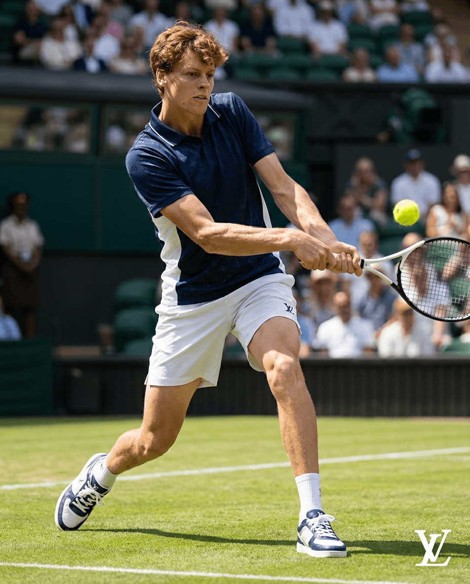Ultra-realistic sports fashion campaign, cinematic action shot.
Jannik Sinner playing tennis intensely on a professional grass court (Wimbledon-style), captured mid-action during a powerful forehand swing.

He is wearing full Louis Vuitton performance outfit: luxury reinterpretation of tennis wear (tailored athletic shirt with subtle monogram patterns, premium fabric shorts, designer sneakers), perfectly fitted and elegant.

Scene: bright natural daylight, vivid green grass, stadium slightly blurred in the background.
Camera: dynamic low angle, fast shutter, frozen motion with slight motion blur on racket and ball.
Pose: explosive movement, focused expression, competitive energy.
Details: realistic sweat, skin texture, fabric movement reacting to motion, wind effect.
Ball visible right after impact, conveying speed and power.

Mood: elite performance meets luxury fashion, powerful, clean, aspirational.

Style tags: ultra realistic, 8k, sports editorial, cinematic lighting, high detail, action photography, luxury branding, sharp focus, depth of field.