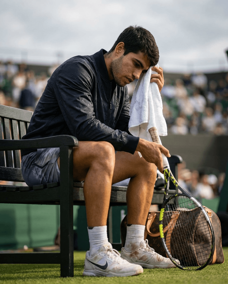 Ultra-realistic sports fashion campaign, cinematic emotional shot.
Carlos Alcaraz sitting on the bench during a match break on a professional grass court (Wimbledon-style), visibly frustrated and exhausted after a tough set.

He is wearing full Louis Vuitton luxury tennis outfit: premium athletic wear with subtle monogram details, high-end fabrics, slightly wrinkled from intense play.

Pose: seated forward, elbows on knees, head slightly down, one hand holding a towel, the other gripping a tennis racket loosely. Expression shows frustration, fatigue, and mental pressure.
Details: sweat visible on face, neck, and arms; damp hair; realistic skin texture; towel partially soaked.
Environment: blurred stadium in background, empty seats or soft crowd presence, tennis bag beside him (luxury styled).
Lighting: natural daylight with slightly dramatic contrast, emphasizing mood and shadows.

Camera: medium shot, slightly low angle, shallow depth of field, sharp focus on subject with soft background blur.

Mood: tension, vulnerability, elite athlete under pressure, contrast between luxury and struggle.

Style tags: ultra realistic, 8k, cinematic lighting, emotional storytelling, sports editorial, high detail, dramatic shadows, premium aesthetic.