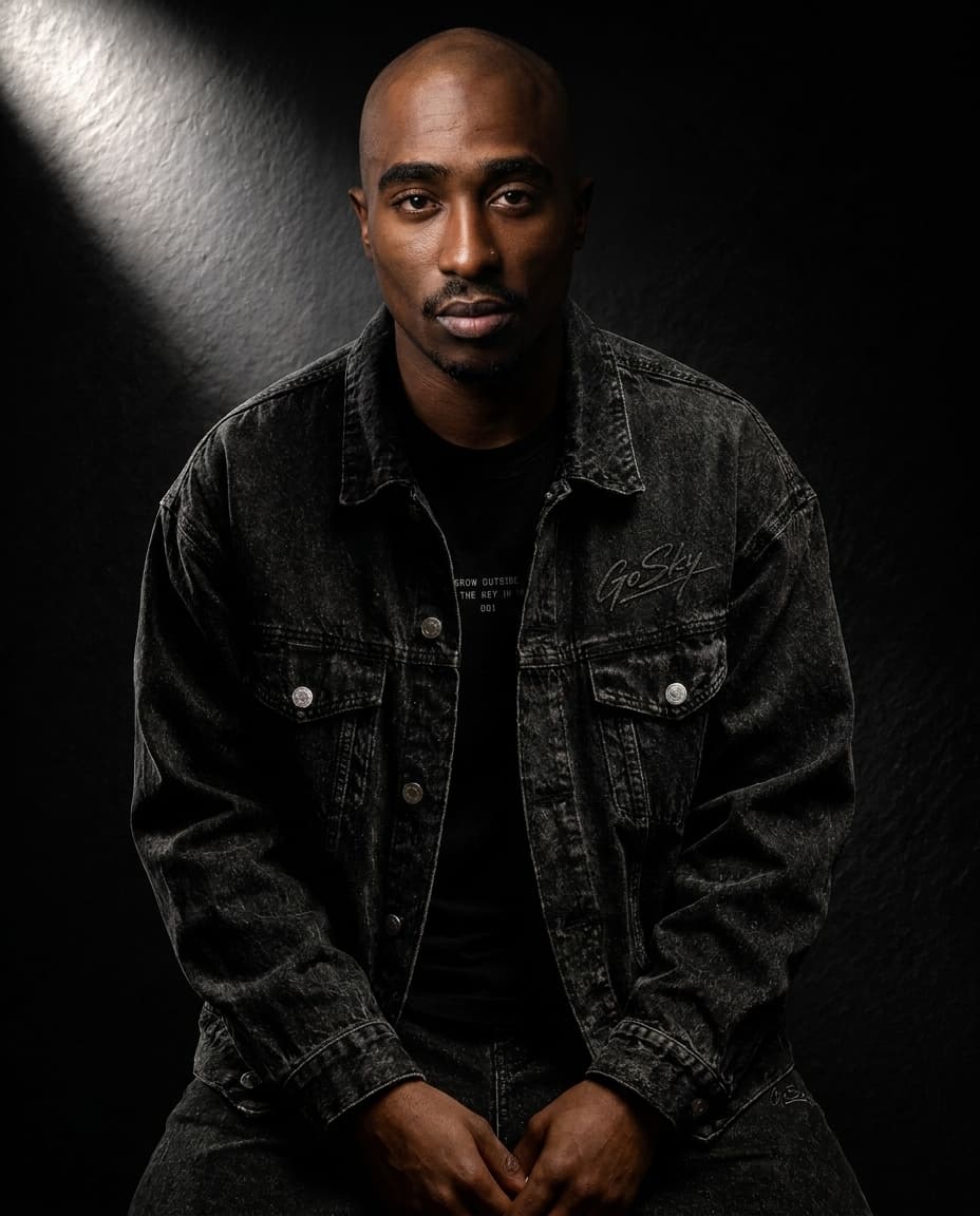 **Subject:** A hyper-realistic, medium shot portrait of Tupac Shakur, centered and framed, embodying a serious, intense, and introspective expression. His ultra-realistic facial features and likeness are meticulously rendered, showcasing natural skin texture and fine details. He is slightly leaning forward, shoulders relaxed, with his hands gently joined together in front of him, looking directly into the camera.

**Outfit:** The subject is wearing the identical black denim GoSky outfit as in the original image, with no alterations.

**Lighting:** Cinematic lighting is employed, featuring soft directional light that sculpts his face and form, creating moody, evocative shadows that enhance the dramatic atmosphere.

**Background & Atmosphere:** The background remains dark and consistent with the original image, contributing to a somber and profound atmosphere.

**Style:** The overall aesthetic is that of a high-end streetwear editorial and luxury campaign, exuding sophistication and urban cool.

**Quality:** The image is rendered in stunning 4K, exhibiting ultra-sharp details and the impeccable quality of professional fashion photography. The photorealistic quality extends to every aspect, from skin texture to the subtle interplay of light and shadow.