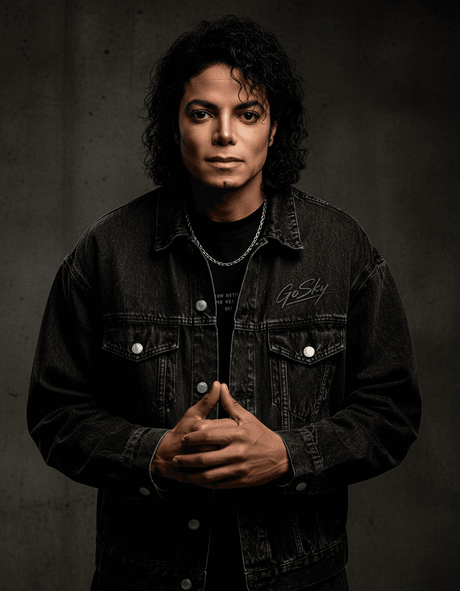 Replace the model in the image with Michael Jackson, keeping the same outfit and overall composition, but adjust the pose as follows:
Change the background
Pose: slightly leaning forward, shoulders relaxed, hands joined together in front, looking directly into the camera
Expression: serious, intense, introspective
Maintain ultra-realistic facial features and likeness of Tupac
Keep the same black denim GoSky outfit unchanged
Preserve cinematic lighting (soft directional light, moody shadows)
Keep the same dark background and atmosphere
Style: high-end streetwear editorial, luxury campaign look
Skin texture, lighting, and details must be natural and photorealistic
Camera framing: medium shot, centered subject
Quality: 4K, ultra sharp, professional fashion photography