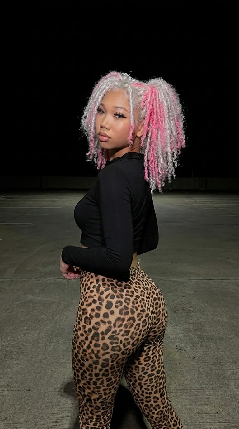 The same woman with voluminous curly hair styled in high pigtails — half white/silver, half bright pink, wearing a black long-sleeve crop top and high-waisted, form-fitting leopard-print leggings. She is posing confidently outdoors at night in an empty parking lot or open paved area with dark ambient lighting. The background is completely dark with minimal details, creating a dramatic, moody nighttime atmosphere. She maintains the same poised, slightly sultry expression looking over her shoulder at the camera. The lighting should be dim and dramatic like in nighttime fashion photography, with the focus entirely on her striking appearance against the dark background.