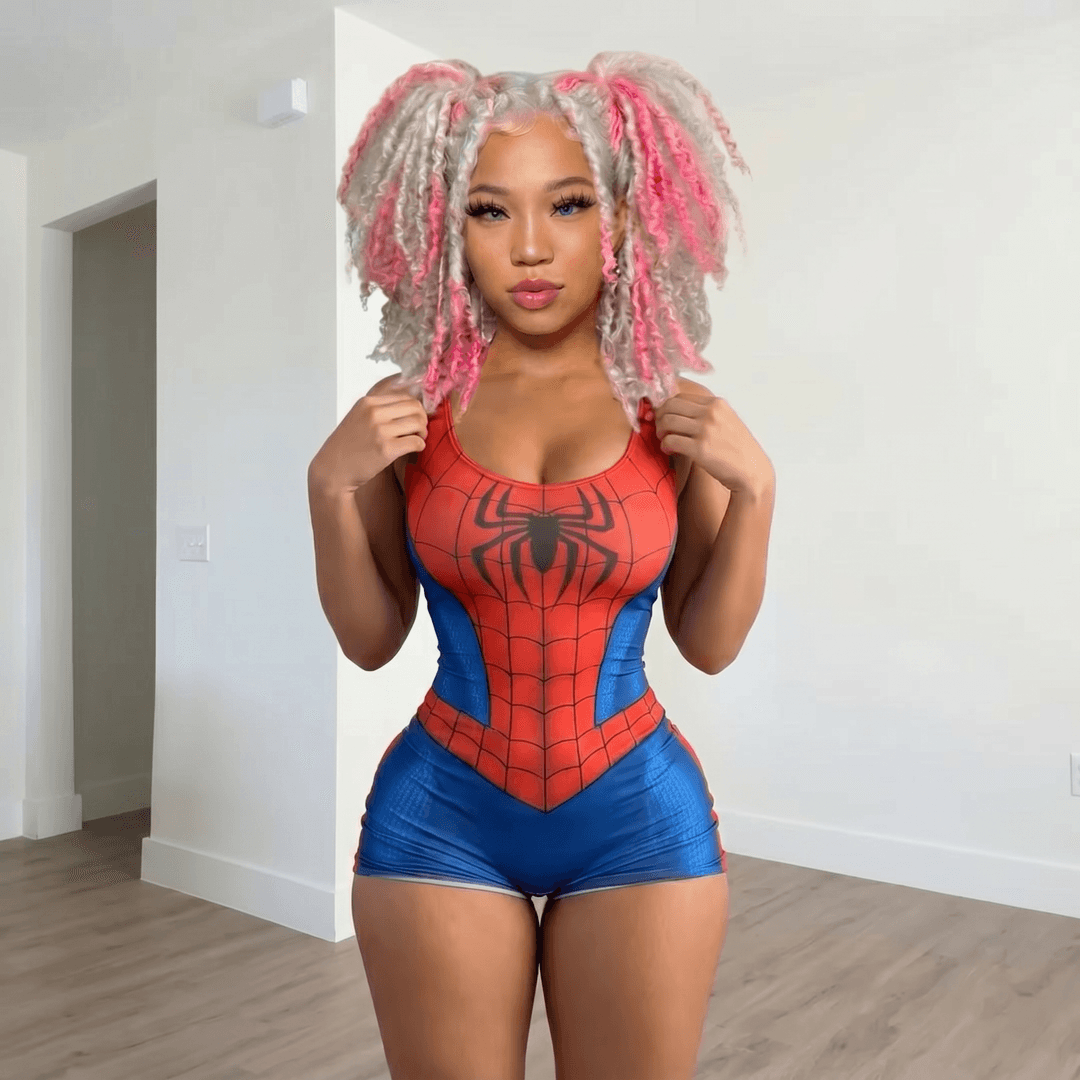 Replace the face, skin tone, and hairstyle of the black hair woman with the pink and white hair woman reference person, while keeping the original pose, body, outfit, lighting, and background unchanged. Ensure the result looks natural, realistic, and seamlessly blended.