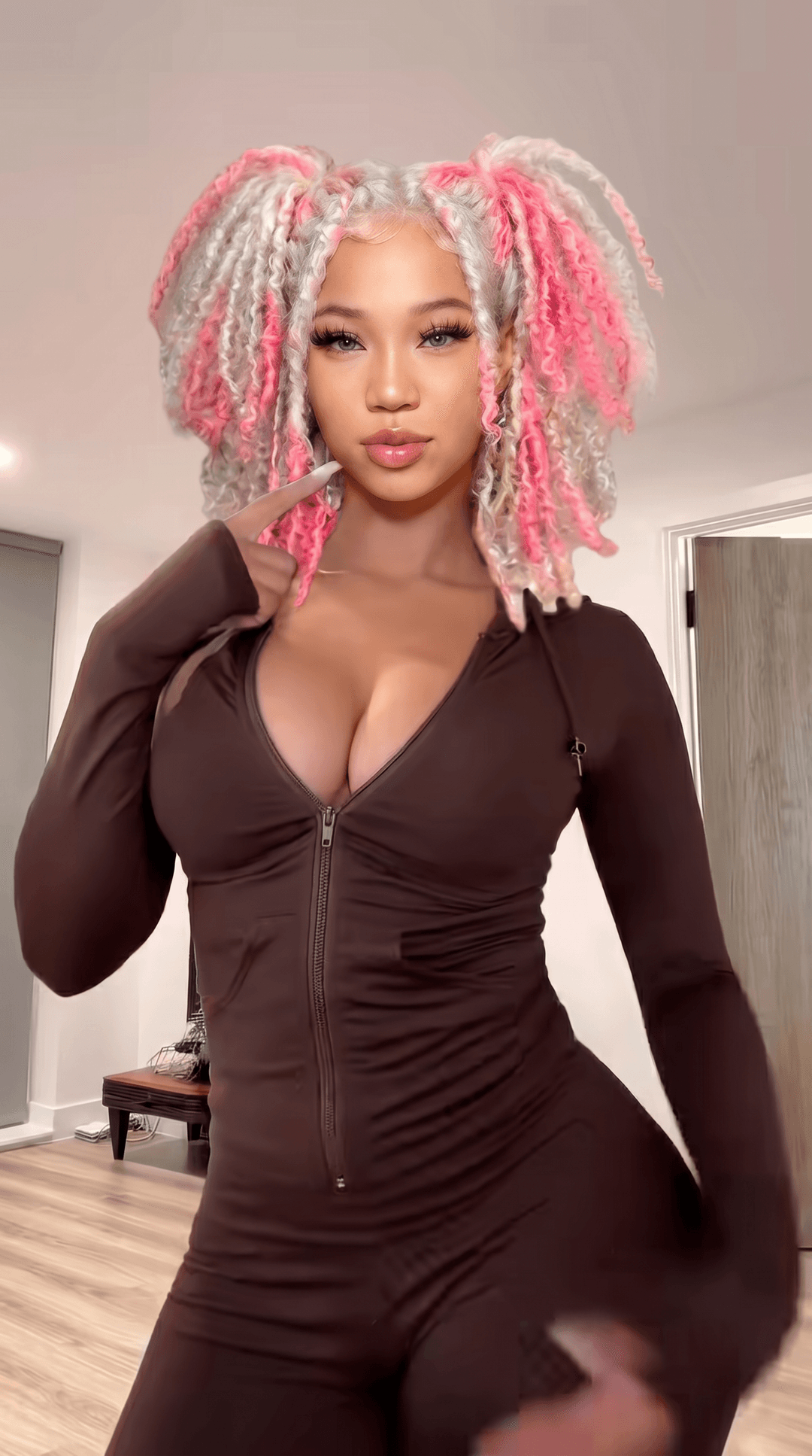Replace the face, skin tone, and hairstyle of the blue hair woman with the pink and white hair woman reference person, while keeping the original pose, body, outfit, lighting, and background unchanged. Ensure the result looks natural, realistic, and seamlessly blended.