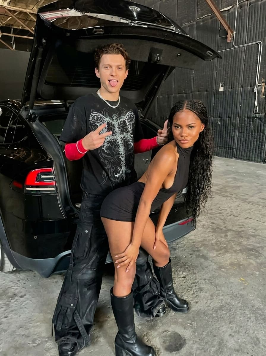 Completely remove and replace the people in this photo with tom holland as the man and Zendaya from the show euphoria. make sure to remove all tatoos make it look ultra clean and make sure all of their body matches the skin tone of who they are. keep them in the same outfits as the original. make sure that the end result has zendeya as the woman