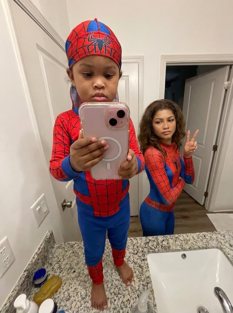 Use the uploaded image as the base scene.
Completely remove the existing woman in the image and replace her with Zendaya (as she appears in Euphoria).

Ensure the new subject matches Zendaya’s exact facial features, skin tone, proportions, and overall likeness with high realism. The result should clearly look like Zendaya, not a generic similar face.

Keep the exact same pose, body position, facial expression, camera angle, lighting, and perspective as the original woman.

Change her outfit to a Spider-Man–inspired pajama set (red and blue color scheme, web patterns, subtle spider emblem), ensuring it fits naturally on her body with realistic fabric folds and lighting.

Make the integration seamless and photorealistic, matching shadows, highlights, and environment perfectly so it appears she was originally in the photo.

Do not change anything else in the image — keep the background, objects, environment, and all other elements exactly the same.