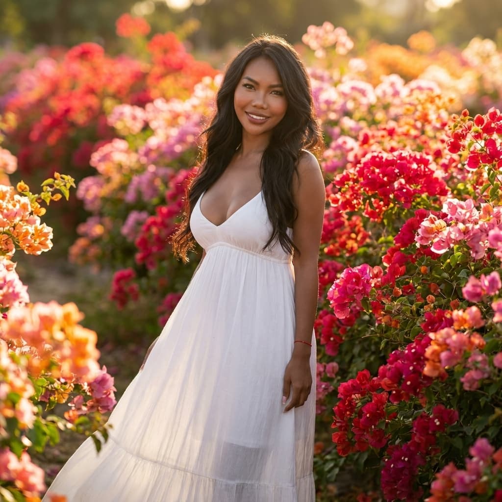 ```
(hyperrealistic photo:1.3), award-winning photography, natural light, shallow depth of field, stunning 20-year-old Filipino woman, intricate details, flawless skin, gentle smile, long flowing dark hair, elegant posture, wearing a flowing white dress, standing amidst a field of vibrant bougainvillea flowers, golden hour, bokeh background, photorealistic, cinematic, professional studio lighting, 8k, ultra-detailed, high-resolution, sharp focus, magazine cover quality, no tattoos, medium shot.
```