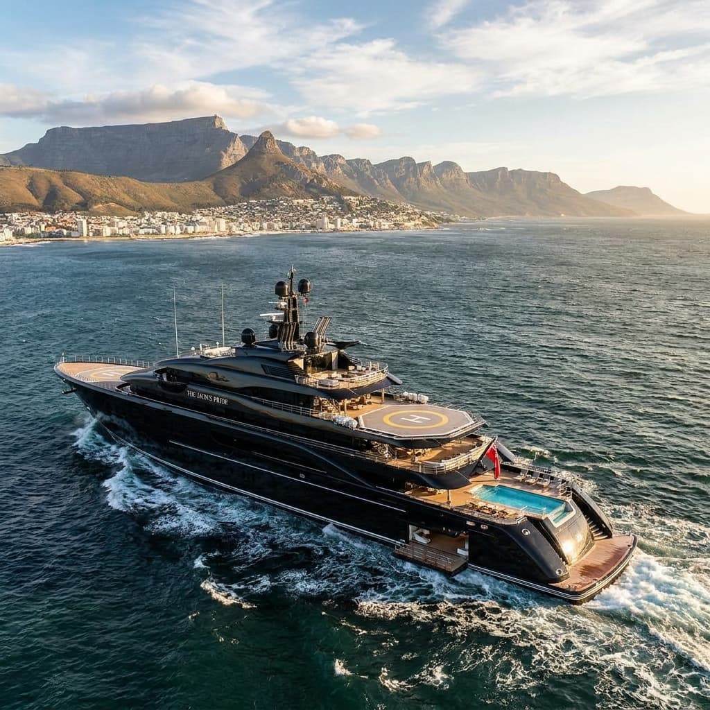 A black mega yacht sailing off the coast of South Africa