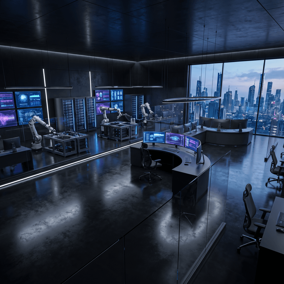 Interior of a black mega mansion tech lab