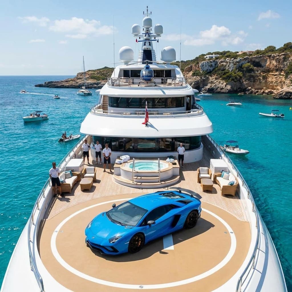Blue Lamborghini on a mega yacht