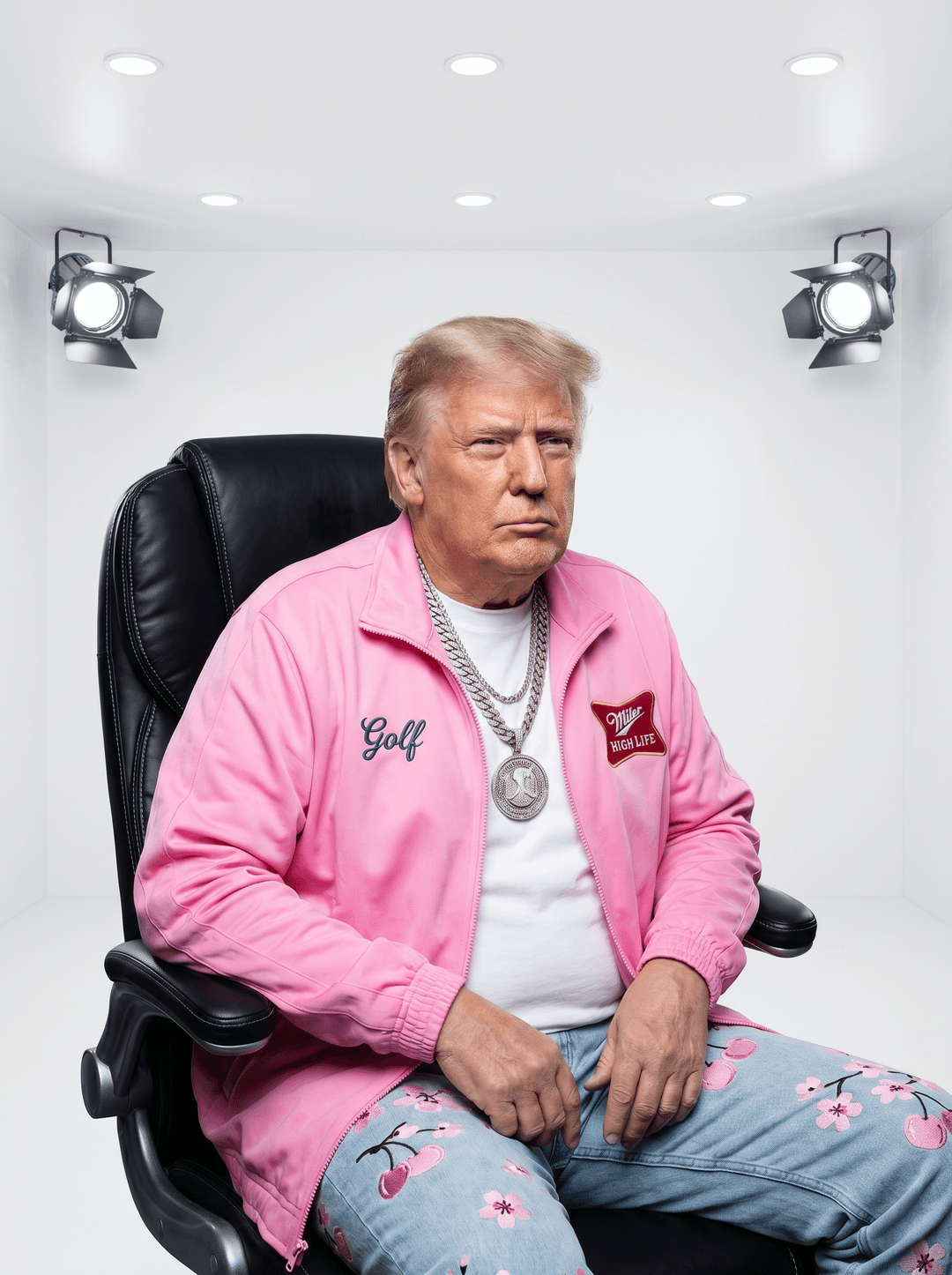 Donald Trump seated in a modern black gaming chair, wearing a vibrant pink Nike tracksuit jacket with “Golf” embroidered in cursive on the left chest and a “High Life” beer patch on the right, layered over a plain white t-shirt, accessorized with multiple thick silver chains and a large circular medallion pendant, paired with light-wash denim jeans featuring a pink cherry blossom floral print; his expression is stern and slightly skeptical, eyes narrowed, lips pursed, head tilted slightly to his right; the setting is a clean, minimalist modern room with white walls and recessed ceiling lighting casting soft shadows, two bright spotlights visible in the tray ceiling above; lighting is even and studio-like, highlighting the sheen of the tracksuit fabric and metallic jewelry; composition is a medium close-up centered on Trump from the waist up, with shallow depth of field slightly blurring the background; colors are dominated by pink, silver, and denim blue with warm ambient lighting; ultra-detailed, photorealistic, high-resolution, 8K, sharp focus, cinematic lighting, realistic skin texture, accurate facial likeness, professional portrait style.