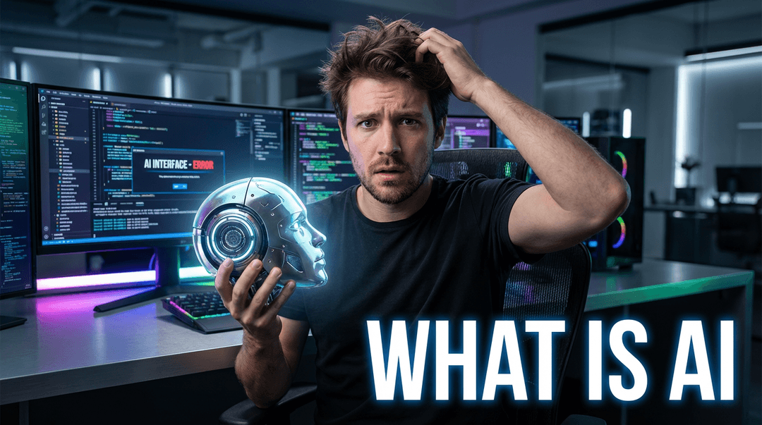 **Cinematic YouTube Thumbnail: Confused Man in RGB Office**

A highly detailed, cinematic YouTube thumbnail featuring a bewildered man in his late 20s, with short, slightly disheveled brown hair and a light stubble, scratching his head in genuine confusion. He is looking directly into the camera with wide, questioning eyes. His left hand holds a small, metallic, futuristic robot head, intricately designed with subtle glowing accents.

He is seated in a high-end, modern office environment, bathed in the soft glow of RGB lighting emanating from multiple, ultra-wide monitors displaying complex code and abstract data visualizations. The desk is sleek, minimalist, and made of brushed aluminum. The background is slightly out of focus, showcasing a sophisticated, high-tech aesthetic with subtle reflections of the RGB lights.

The lighting is ultra-realistic 4K, with nuanced shadows and highlights that emphasize the man's expression and the textures of the robot head. A soft, dramatic key light illuminates his face, while subtle rim lighting outlines his silhouette against the vibrant RGB backdrop.

In the bottom right corner, bold, sans-serif text in a clean, modern font reads: **"WHAT IS AI"** The text is white with a subtle, glowing blue outline, perfectly integrated into the scene's lighting.

**Style:** Hyper-realistic, high-definition, cinematic, dramatic, tech-noir.
**Camera:** Wide-angle, shallow depth of field, f/1.8, professional studio lighting setup.
**Color Palette:** Dominantly cool tones (blues, purples, greens) from the RGB lighting, contrasted with the warm skin tones of the man.